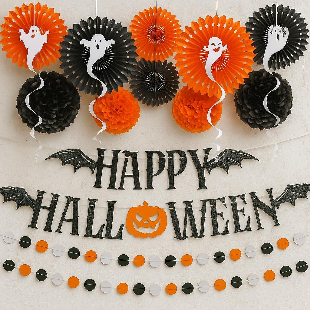 KatchOn, Halloween Party Decoration Bundle – Pack of 53 | Garland, Hanging Swirls And Day of The Dead Décor | Spooky Indoor Outdoor Halloween Party Decorations Set