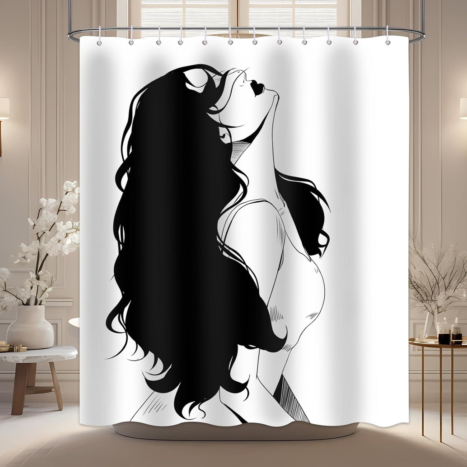 Beauty Woman Shower Curtain for Bathroom, Black and White Line Art Teen Girl Shower Curtain Set Waterproof Bathtub Curtain Decor with 12 Hooks, 72x72 inches
