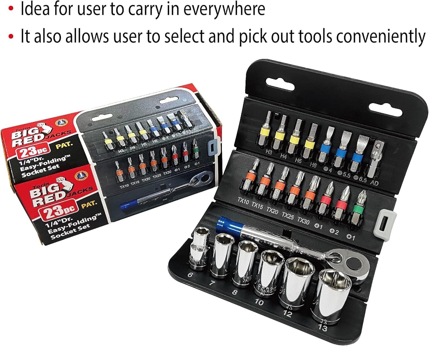 BIG RED BHT-23BRS01-3 Torin Easy-Folding Socket and Bit Set Case, 1/4" Reversible 72-teeth Ratchet Wrench Socket Set, 23PCS image 3