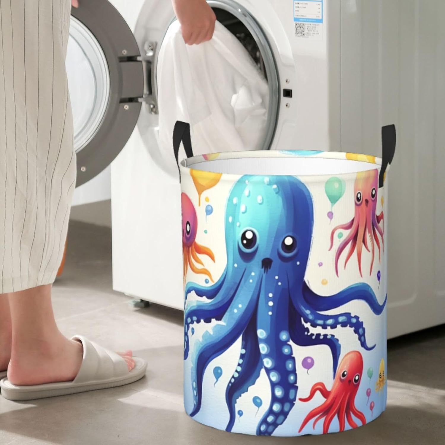 Large Laundry Basket Collapsible Laundry Hamper Freestanding Dirty Cloth Basket with Handles Washing Bin Foldable Colorful Squid Octopus Clothes Hamper for Living Room, Bedroom image 5