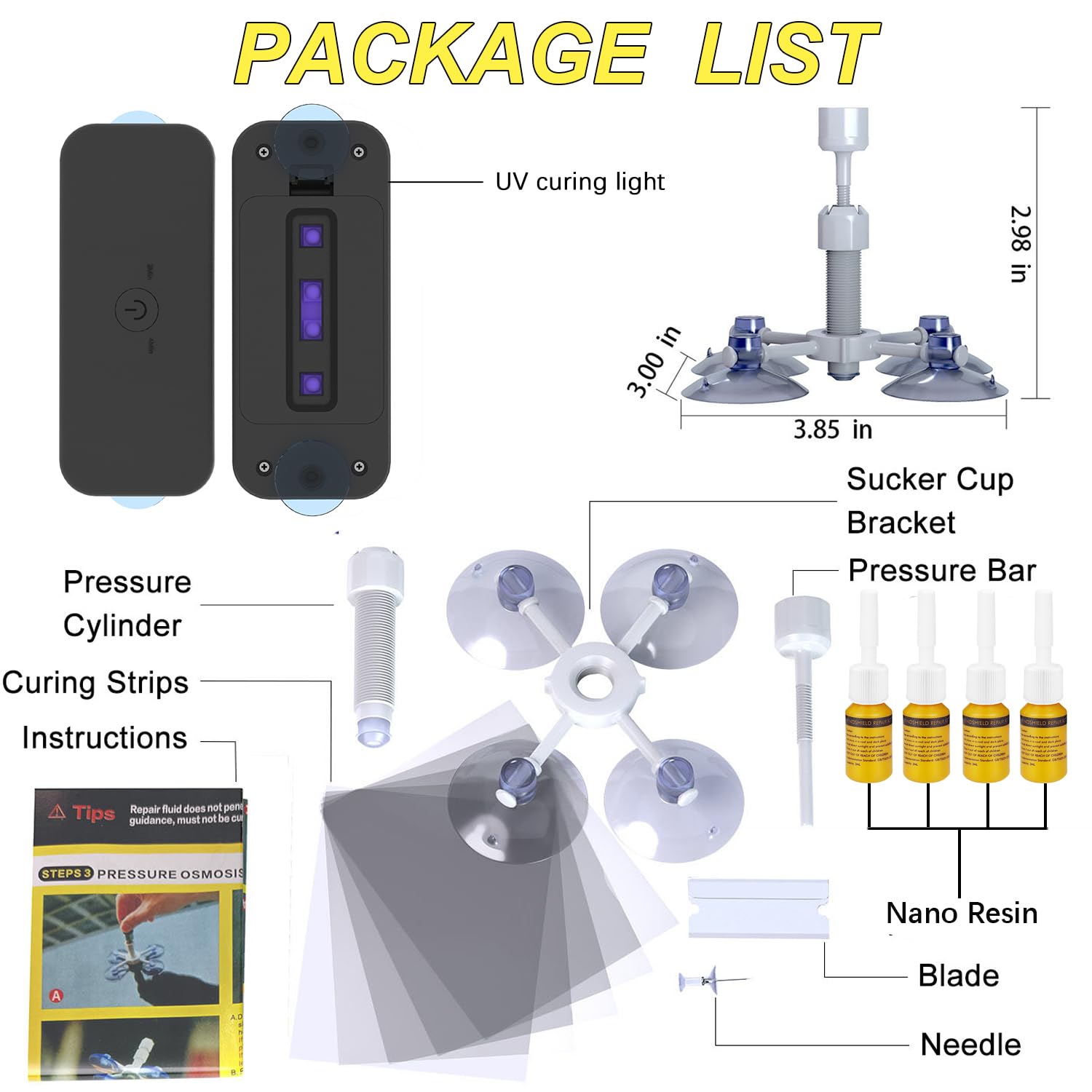 Windshield Repair Kit, Car Windshield Crack Repair for Chips & Cracks, Glass Repair Fluid with Vacuum Pressure Syringes, Car Windshield Chip Repair Kit Quick Fix for Chips, Cracks(Yellow) — view 7