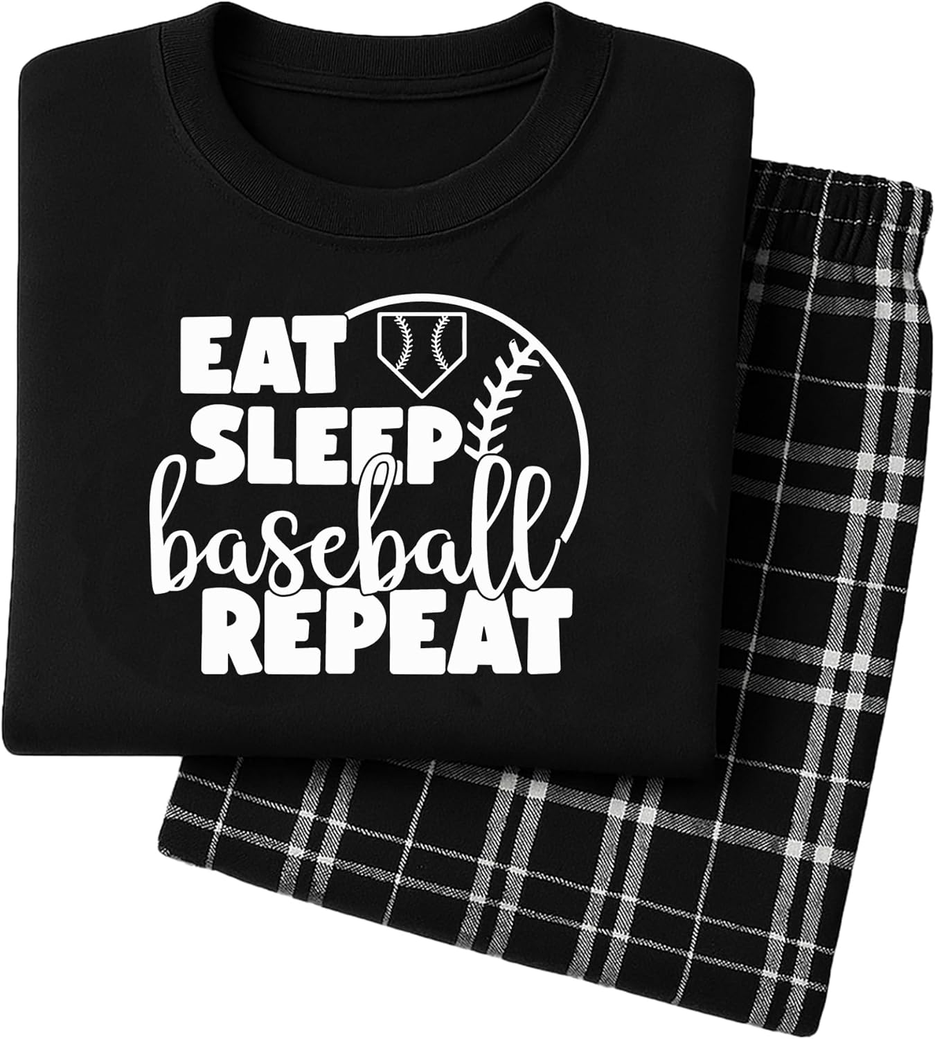 Studio 9Thirty3 Eat Sleep Baseball Repeat Loungewear Set – Men’s Comfy Flannel Pant & Tee Sleep Set, Gift for Fans & Players
