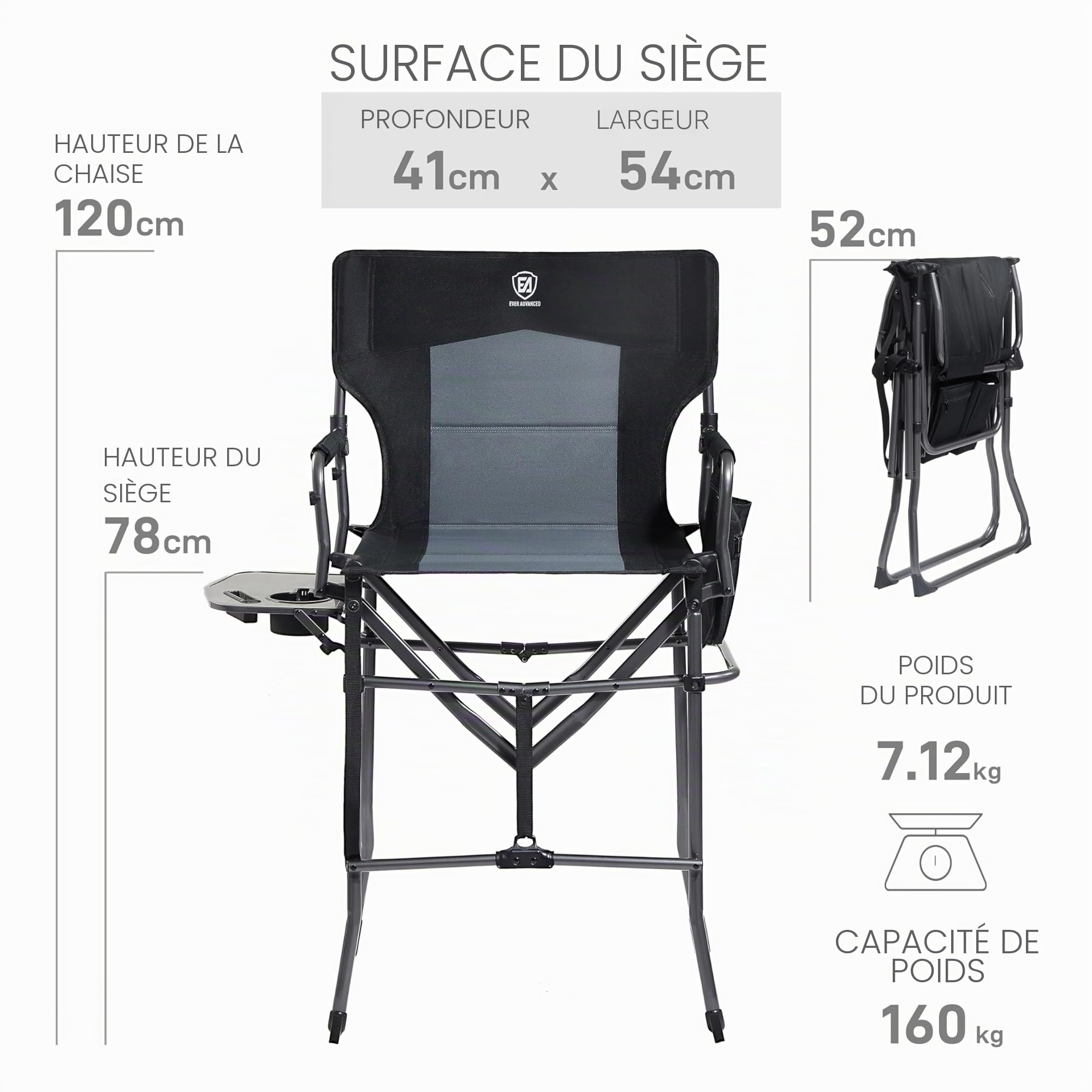 EVER ADVANCED Chaise de Camping Pliante, Hauteur d'assise 78CM, Chaise de Directeur Pliable, Tabouret de Bar Pliable avec Table latérale pour maquilleur, événement Sportif, supporte 160KG Noir