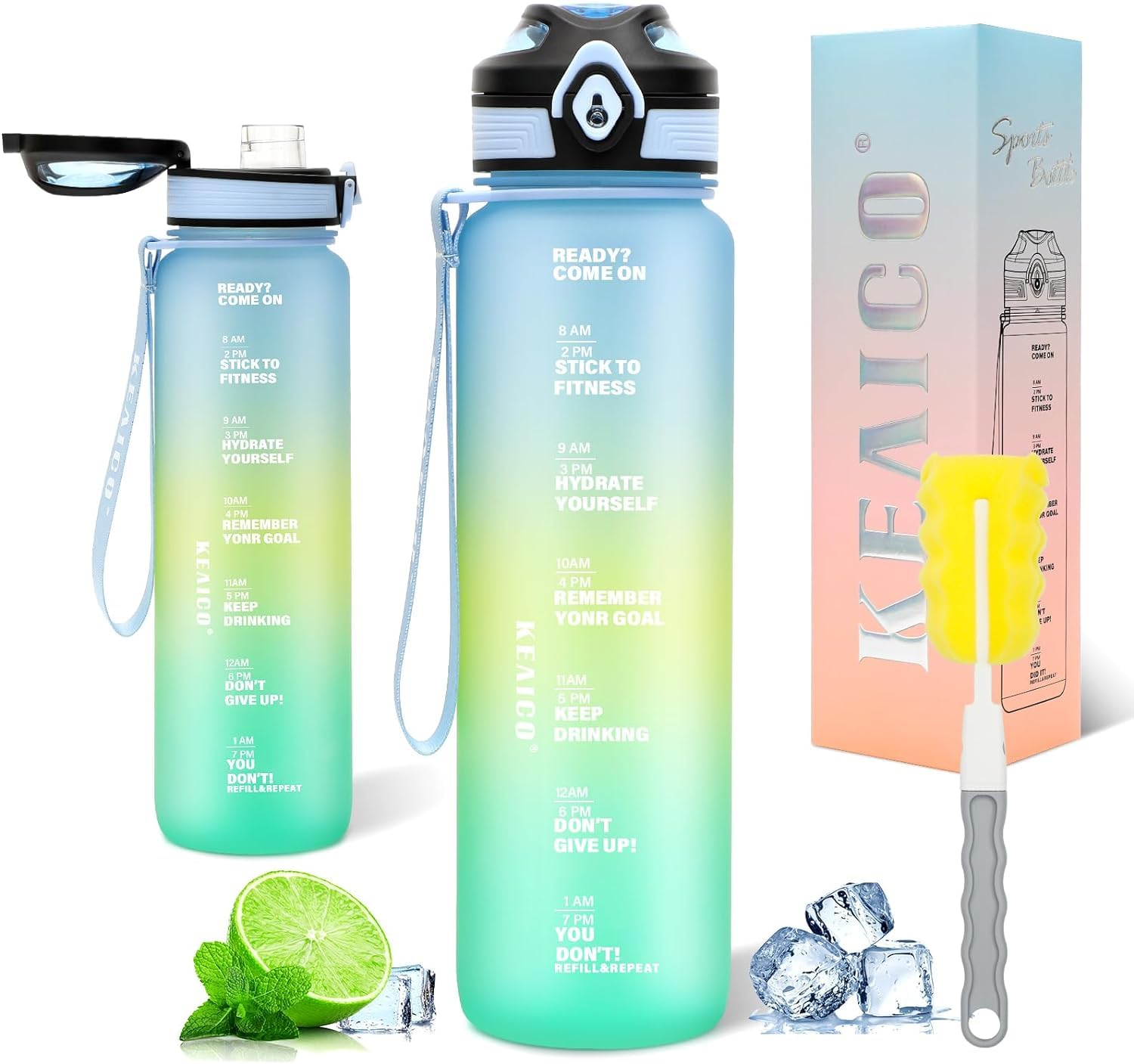 Water bottle 1L with straw Leakproof BPA Free Tritan Time Marking Gym Sports Yoga Cycling Running Drinking Bottle 1 Litre (Alpine Green)