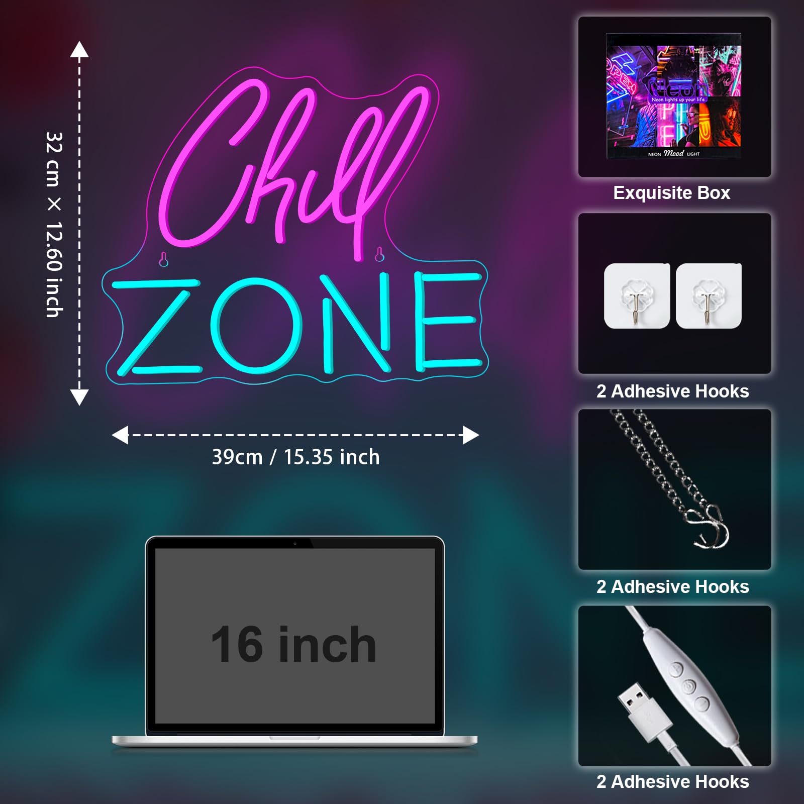 Insegna al neon Chill Zone per salotto, sala giochi, bar, caverna dell'uomo, camera da letto, decorazione da parete, insegna al neon a LED alimentata tramite USB, 15,35" x 12,6"