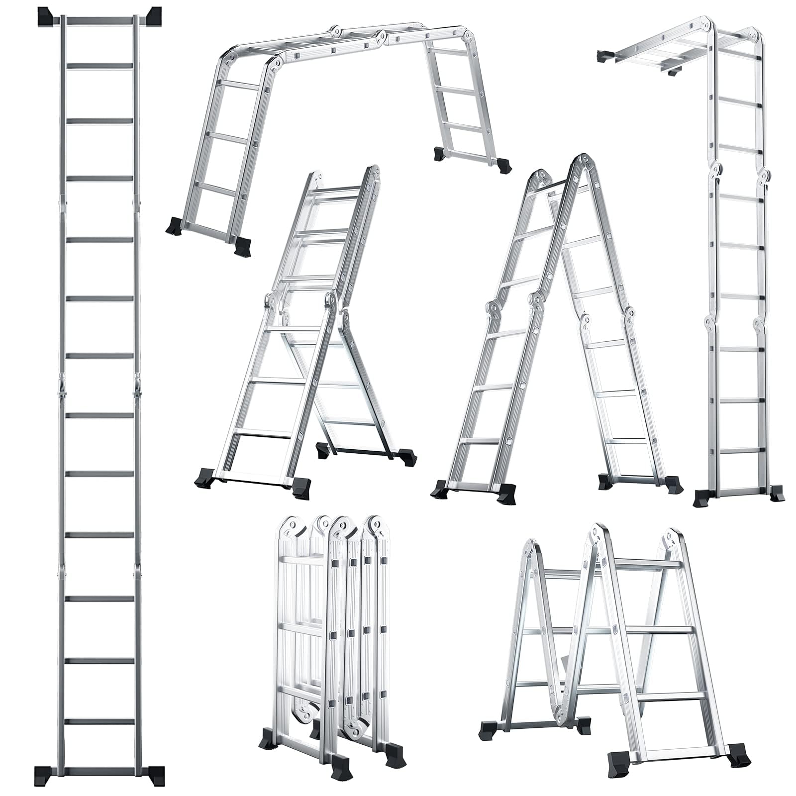 COSTWAY Escalera Plegable Multiuso Resistente, Escalera Extensible con Estructura en Alúmina Ligera y Fácil de Almacenar, Escalera para Uso con Peldaños Cuadrados,Largo: 370 cm