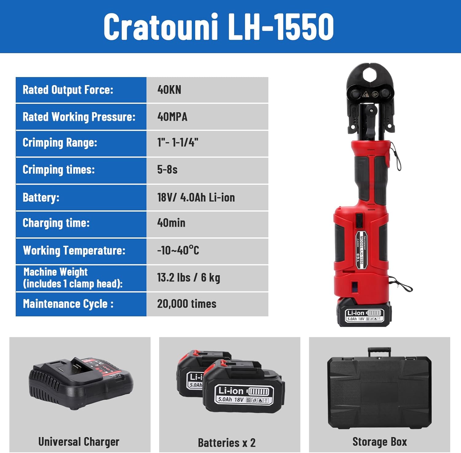 Pro Press Tool,18V Electric Pipe Crimping Tool with 4 Pro Press Jaws 1/2” 3/4“ 1” 1-1/4” US Standard for Copper, 2PCS 4AH Battery, Fast Charger & Carrying Case