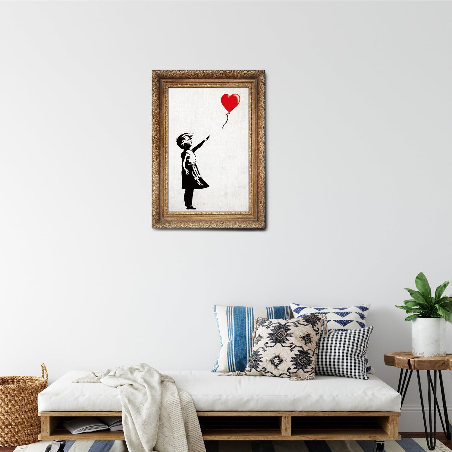 Giallobus - Cuadro - Banksy - Marco de globo de bebé niña - Lienzo con marco estándar - 50x70 - Listo para colgar - Cuadros modernos para el hogar