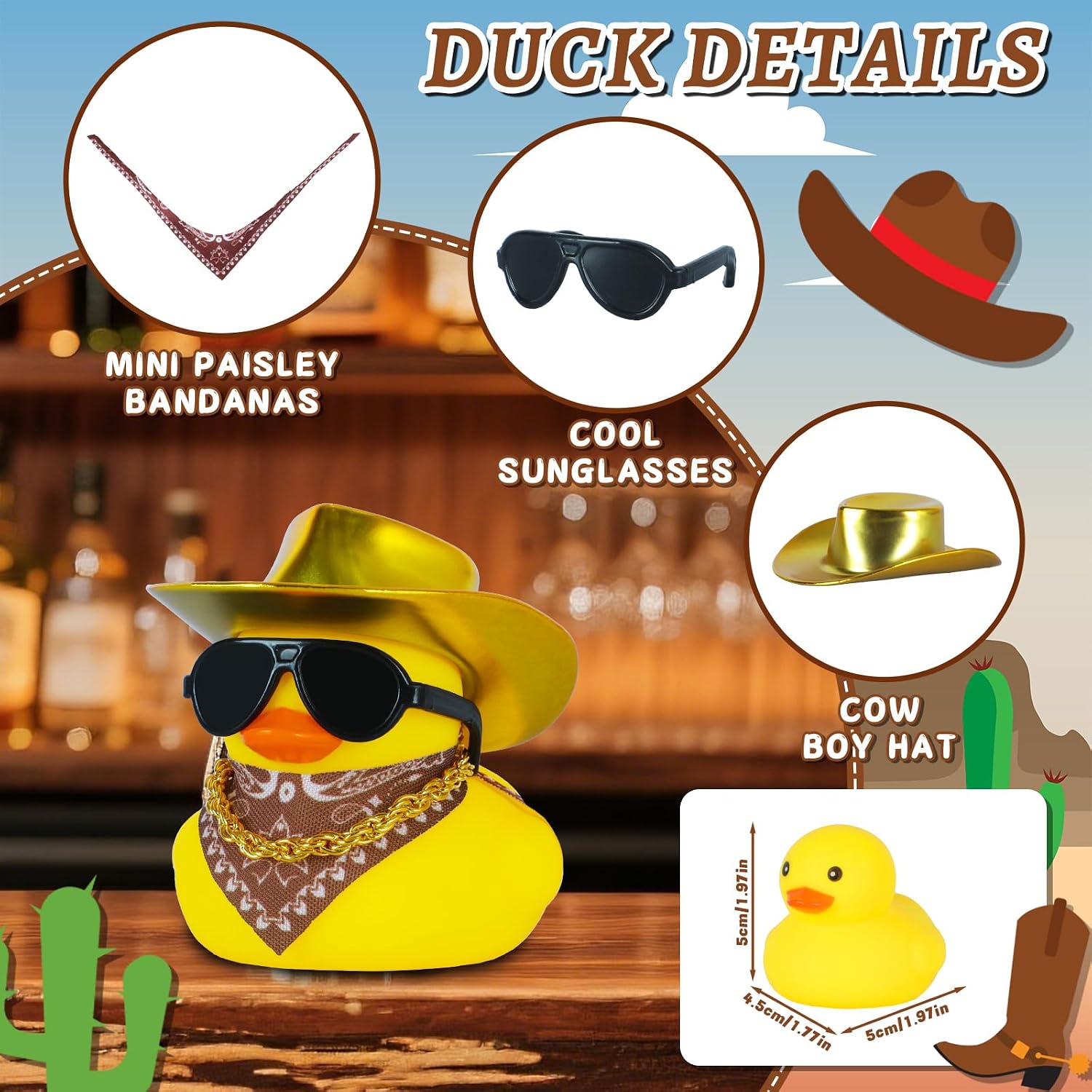 Rubber Duck with Golden Cow-boy Hat Glitter,Squeaky Duck for Jeep Ducking Car Dashboard Decoration with Golden Necklace，Paisley Bandanas and Sunglasses image 2