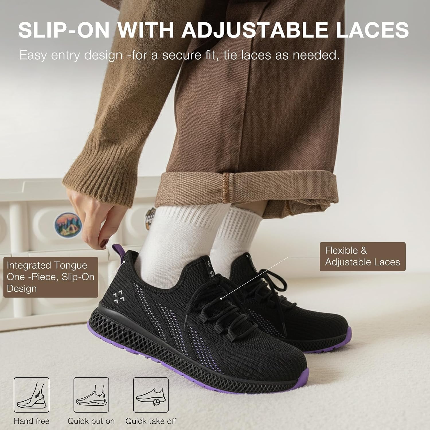 SPIEZ Safety Shoes for Women, Lightweight Composite Toe Work Shoes, Slip-On Non Slip Fashion Sneakers for Daily Wear Black Purple US 5-9.5 - Image 4