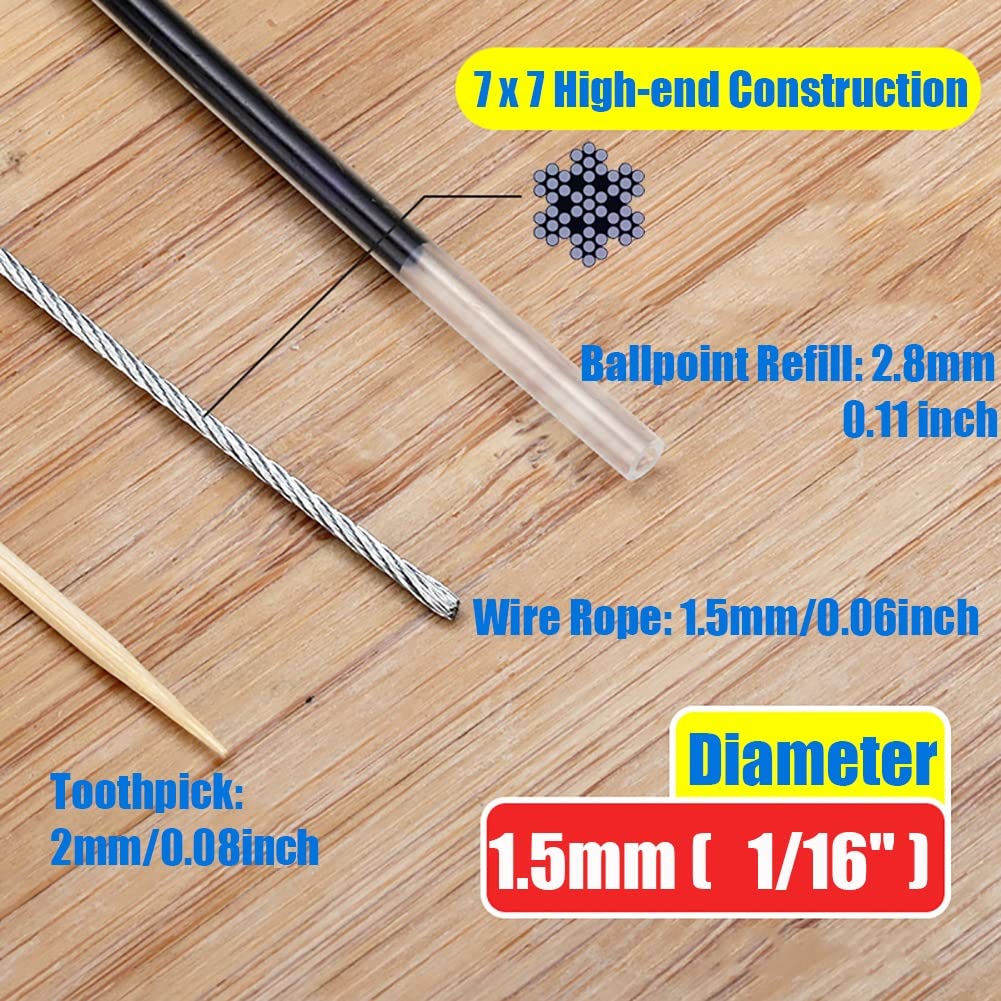 Edelstahldraht, Gartendraht, Edelstahldrahtseil, Flugzeugkabel, 7 x 7 Litzen, 1,5 mm, Silber, 100 m oder 200 m(100M/328ft)
