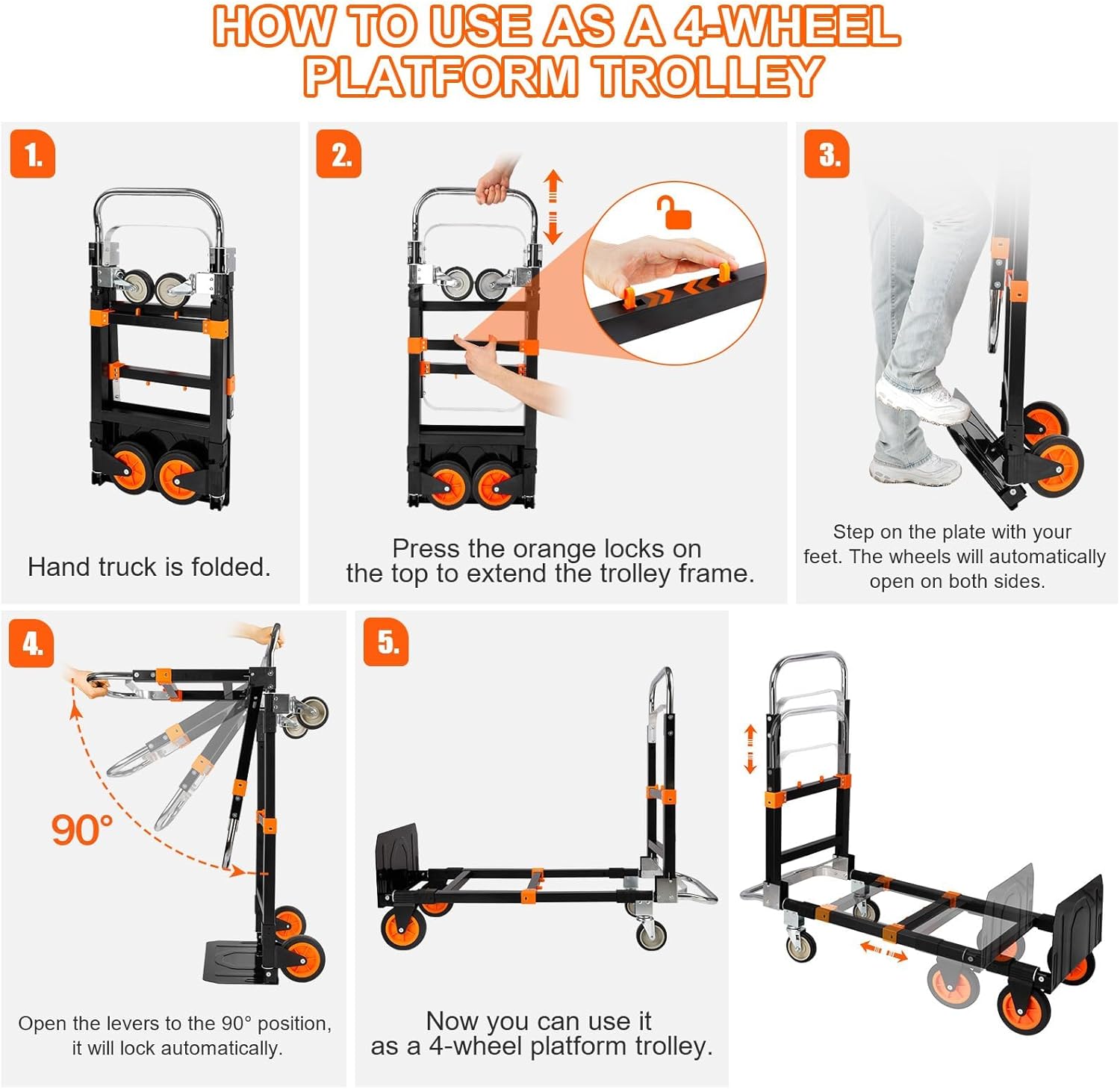 3-in-1 Aluminum Hand Truck Dolly, 660 lbs Heavy Duty Folding Trolley with Universal Wheels, Collapsible Platform Truck with Tie Down Straps for Warehouse, Supermarket, Office