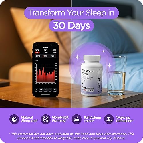 Miniatura 3 de Balancebreens Tabletas de melatonina de 20 mg de disolución rápida  Alta potencia, acción rápida, apoyo natural para dormir  Ayudas para dormir para