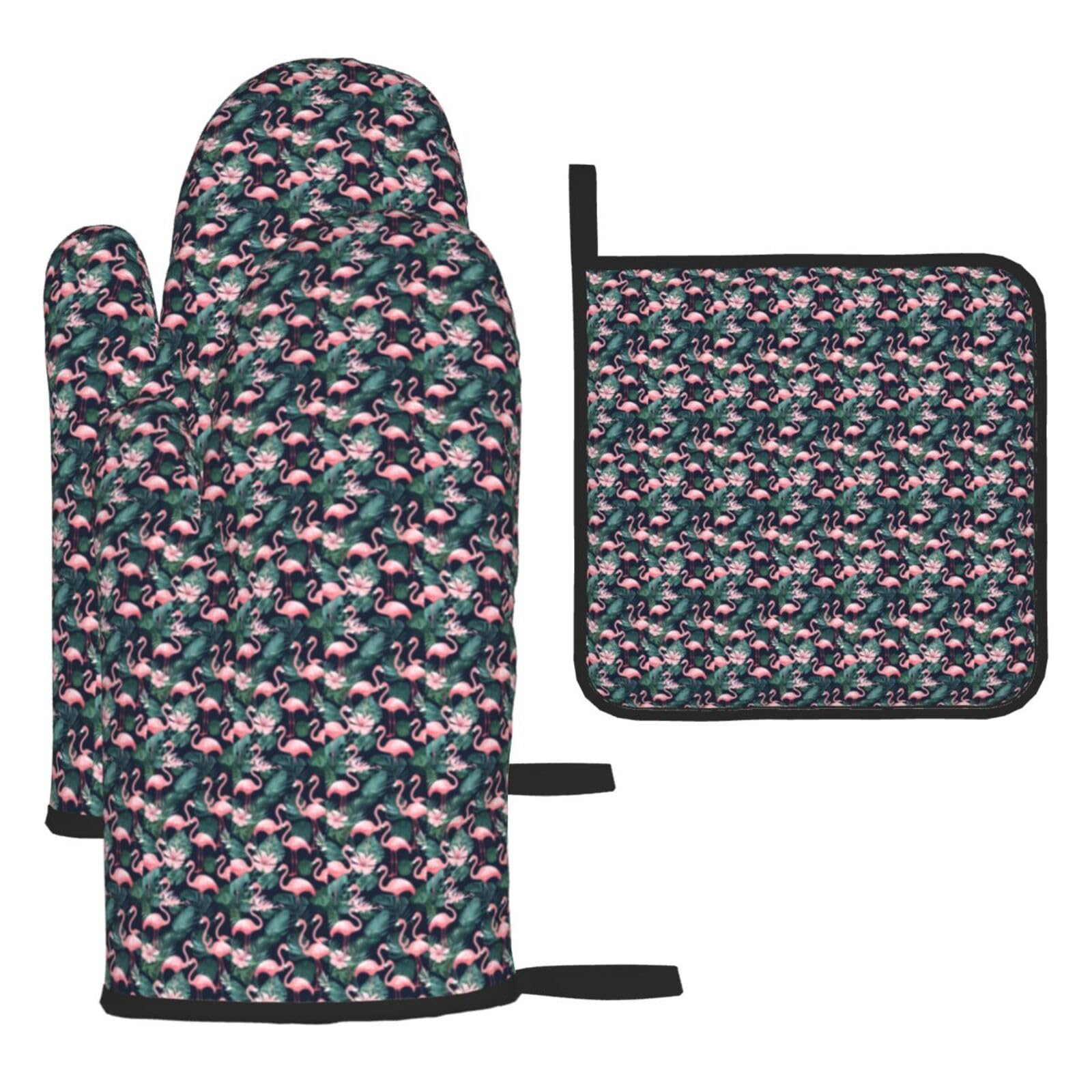 Pink Flamingo Print Oven Kitchen Gloves For Baking Outdoor Grilling Home Use Mitts Microwaving Bbq