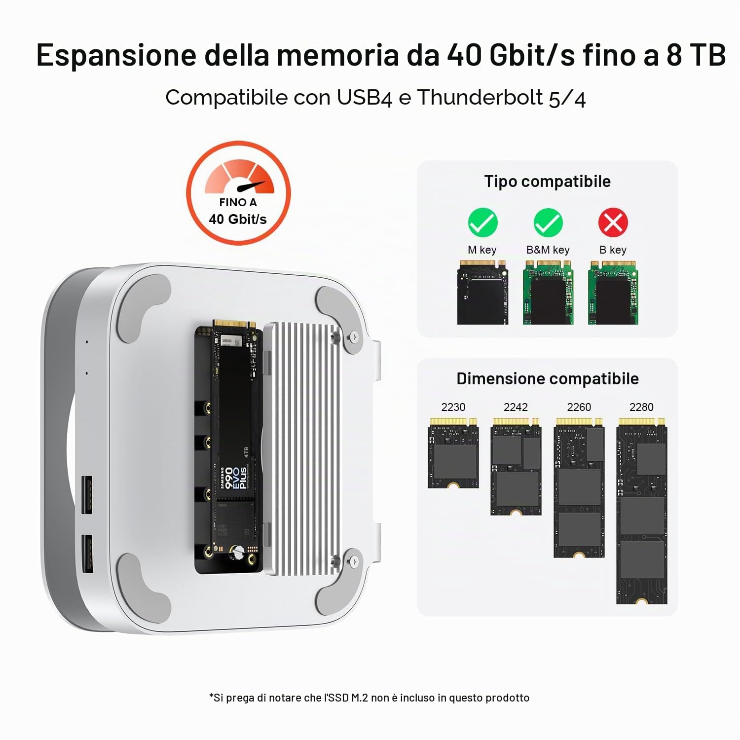 Qwiizlab Hub di supporto in alluminio con USB4 40Gbps Thunderbolt SSD Enclosure per Mac Mini M4/M4 Pro, 3 USB-A 2.0, supporta M.2 NVMe PCIe SSD fino a 8TB (argento)
