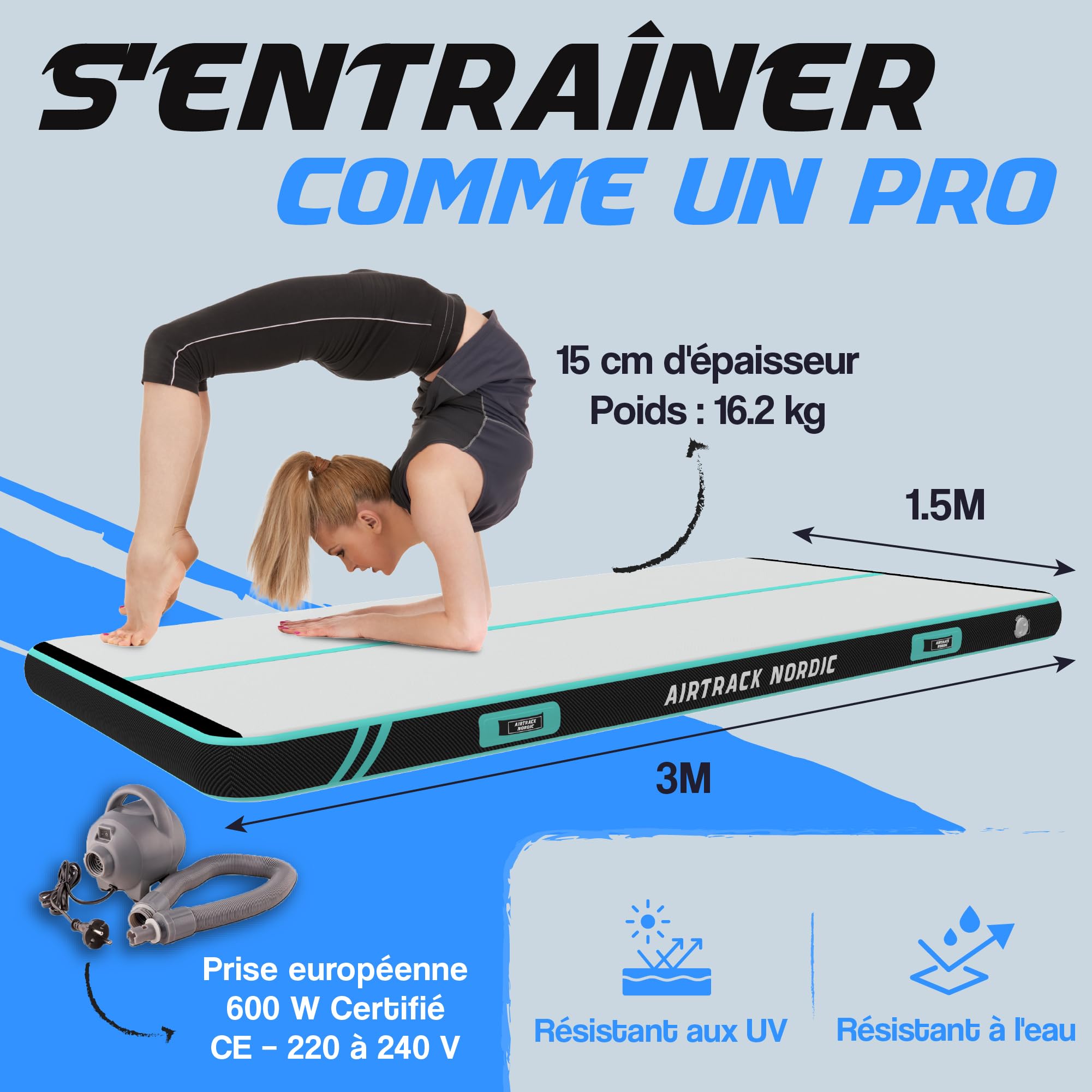 AirTrack Nordic Carbon Air Track 3m/4m/5m/6m/8m avec pompe à air électrique, Tapis de gym gonflable - 1,5 m de large et 15 cm d'épaisseur – Durable et facile à transporter Tapis de gymnastique