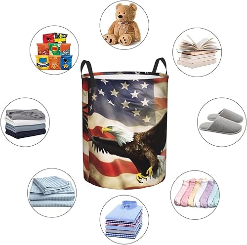 Miniatura 6 de Cesta circular con estampado de bandera estadounidense con águila moscada, impermeable, cesta organizadora de lavandería, con asas, para ropa,