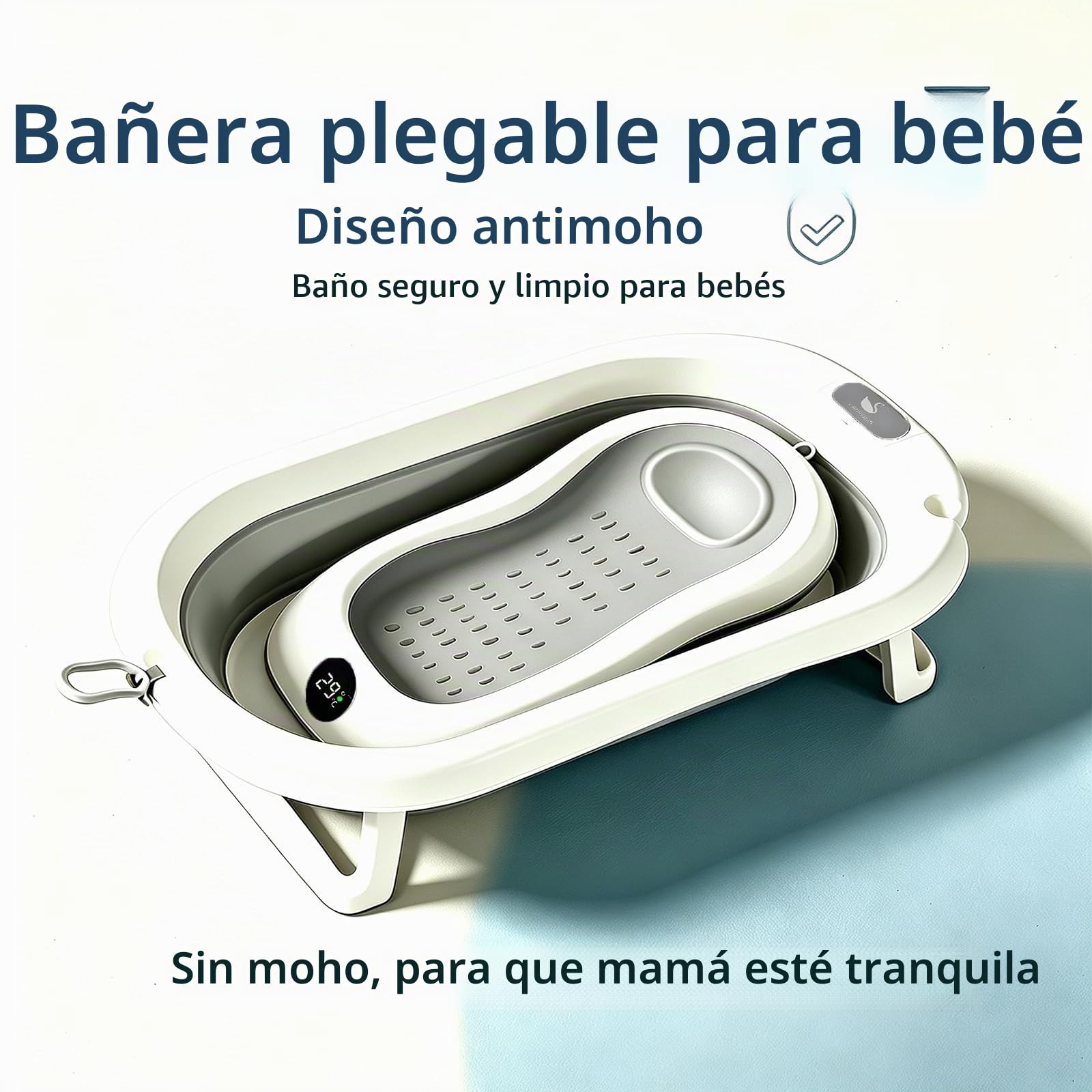 Bañera plegable para bebé, termómetro impermeable integrado, estructura reforzada estable sin tambalearse, gran drenaje rápido, soporte aislado en el suelo, forma redonda ergonómica