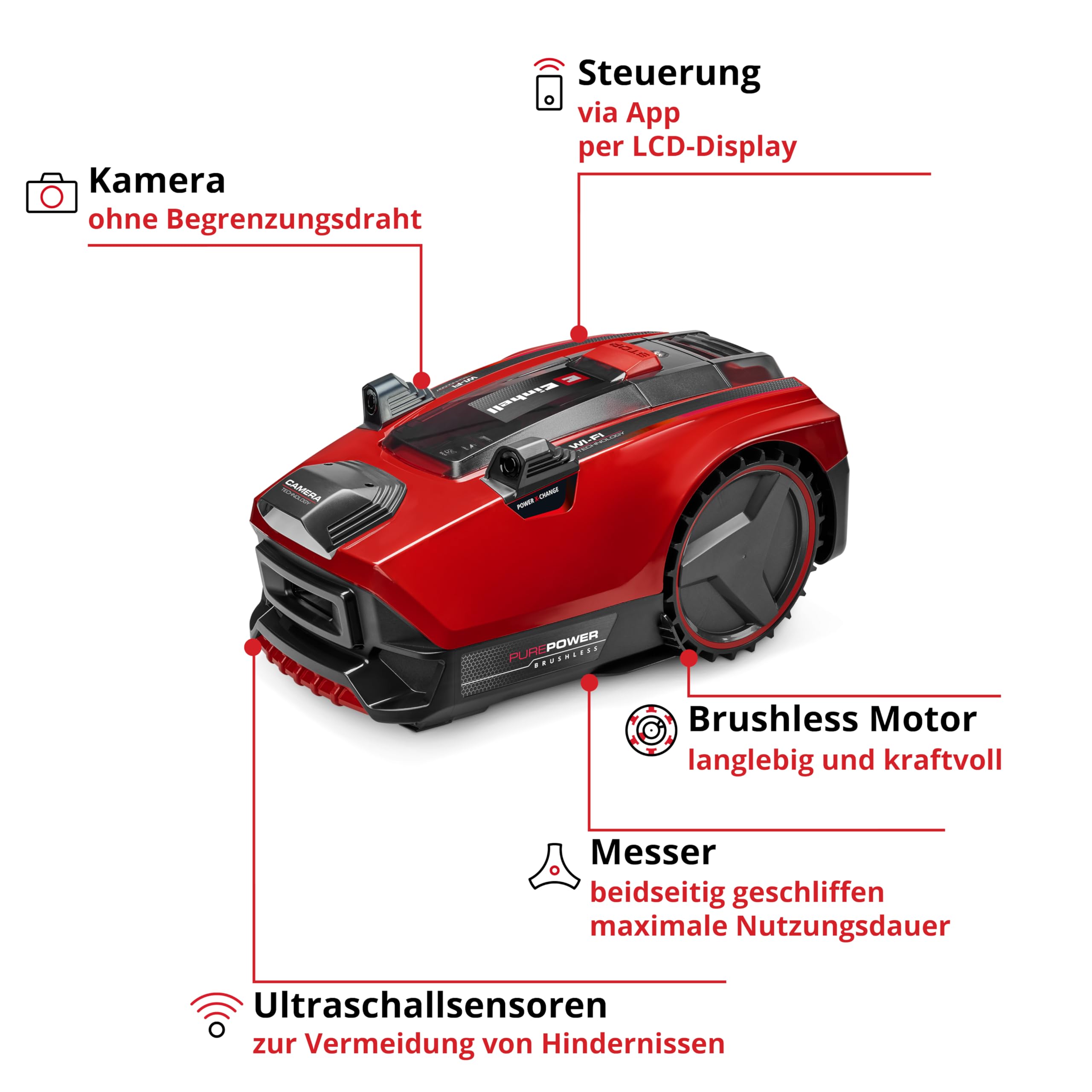 Einhell Mähroboter FREELEXO CAM Plus 600 Power X-Change (18 V, Kamera statt Begrenzungsdraht, für 600 m², WiFi, Brushless, bis 25% Steigung, inkl. 4,0 Ah Plus Akku)