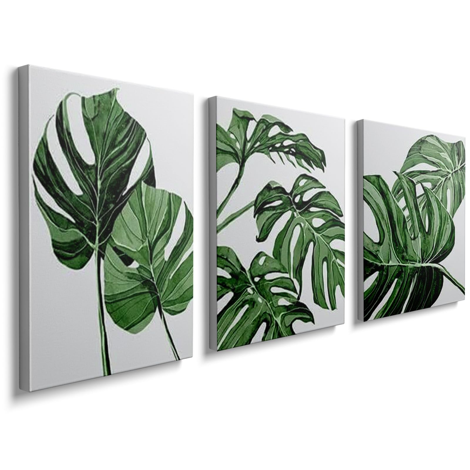 Canvas Wall Art Prints 3 Pieces White Green Leaves Picture Framed Artwork Paintings for Bedroom Living Room Kitchen 30 x 40cm Home Wall Decoration Paintings Personalised Photo Gifts, GYH0007