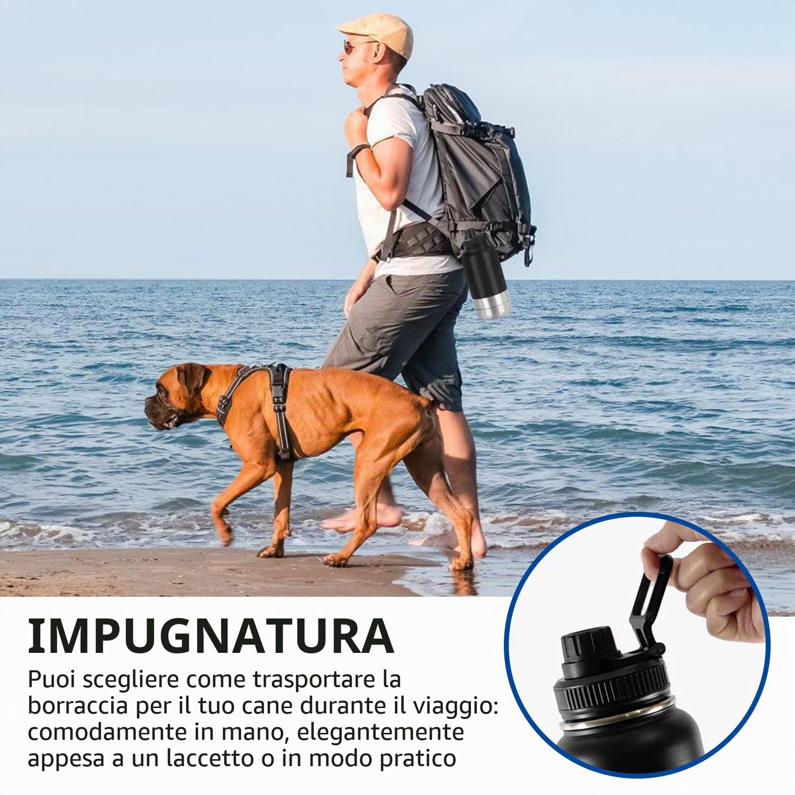 Borraccia per cani da viaggio, 950 ml, isolata, in acciaio inox, con ciotola e ciotola per acqua, portatile, senza BPA, per viaggi, passeggiate e attività all'aperto (nero, L)