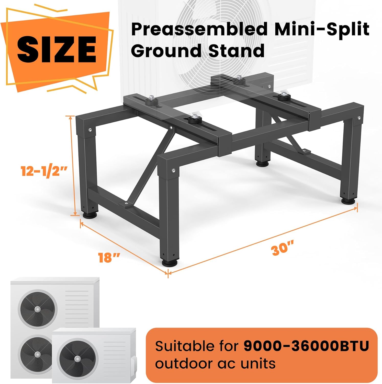 GCGOODS Preassembled Mini-Split Ground Stand, Ground Stand with 2 Support Bars for Mini Split, Ductless Air Conditioner and Heat Pump Systems of 9,000-36,000 BTU, Support up to 400 LBS, Black
