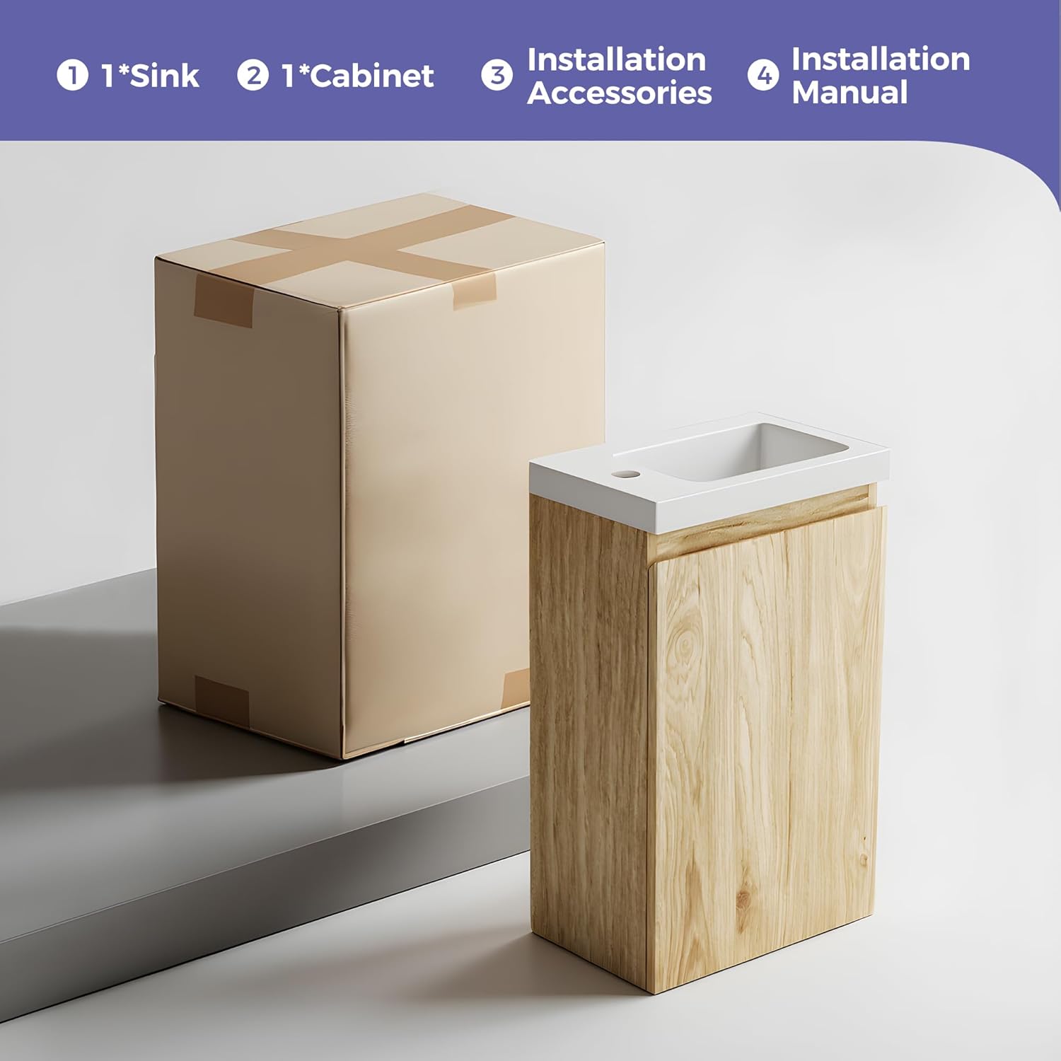 16" Japandi Floating Bathroom Vanity with Sink, Pre-Assembled Wall-Mounted Bathroom Vanity, Narrow Bathroom Vanity 10" D Solid Wood Vanity Cabinet, Engineered Stone Top, Soft-Close Hinge