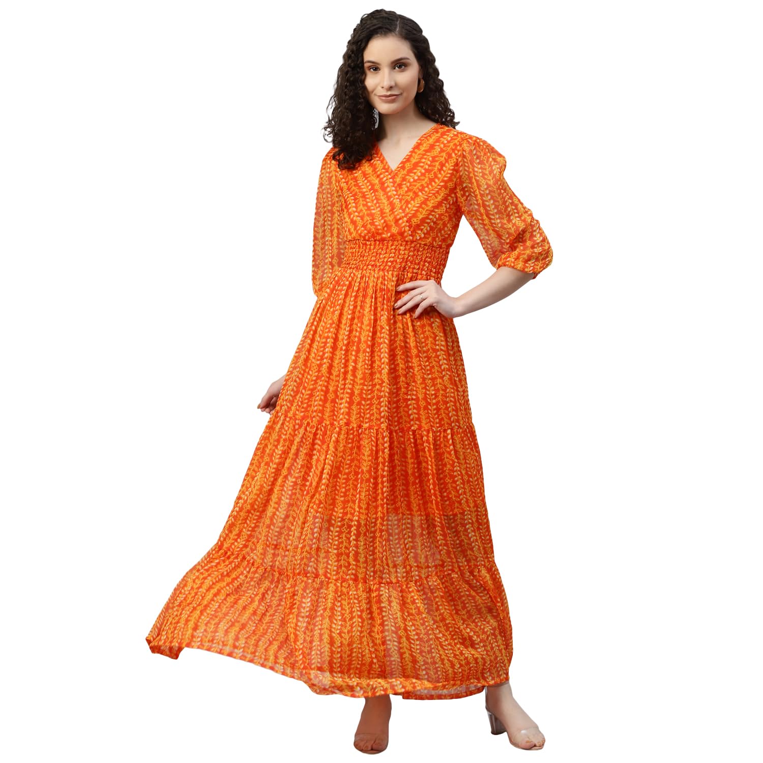 deebaco Women's Solid Georgette Maxi Tiered Dress Fit & Flared V Neck Full Sleeve Ankel Length Summer Wear One Piece Girls Dress Western Party Casual Wear Outfits for Ladies (White)-picture-30