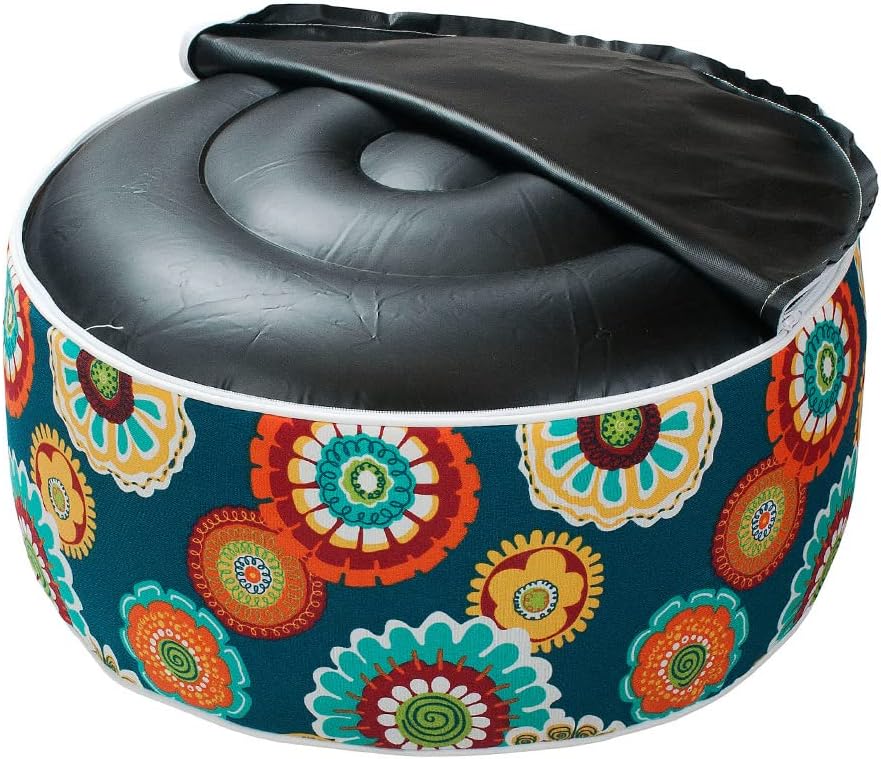 Magpie Fabrics Indoor/Outdoor Inflatable Stool Ottoman Pouf, Water Repellent Round Footrest Footstool with Foot Pump D20 xH9, Portable for Patio Garden Camping or Home, Floral Green