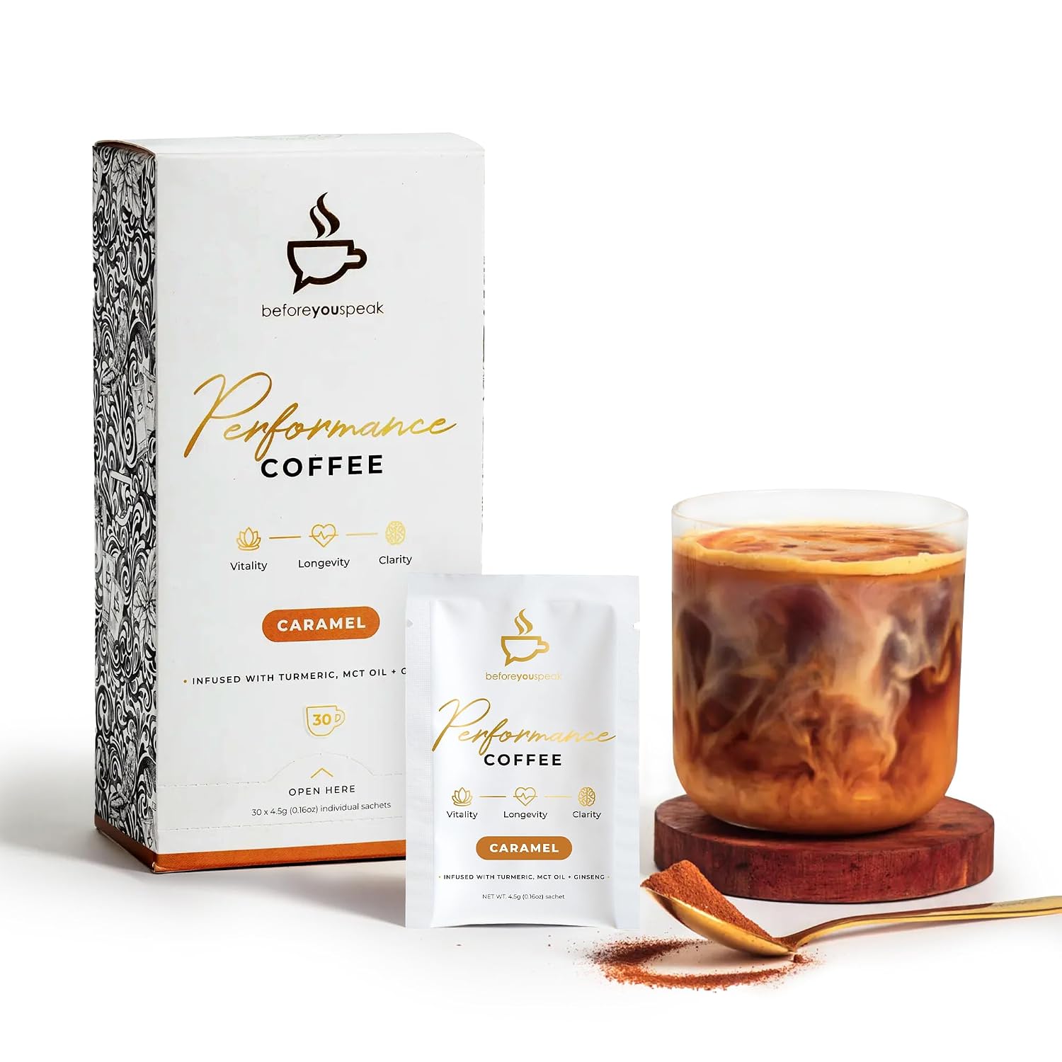 beforeyouspeak Caramel Performance Coffee with Turmeric & MCT Oil, 30 Count