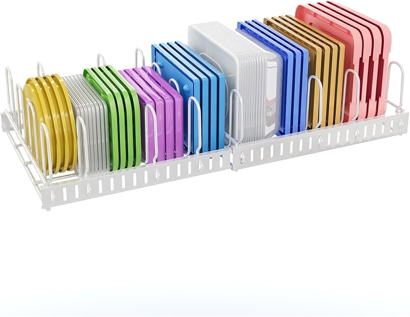X-cosrack Organizador de tapa de contenedor de alimentos expandible, estante organizador de tapa desmontable de gran capacidad ajustable con 10 divisores para gabinetes, alacenas, estantes de despensa, cajones para mantener la cocina ordenada, blanco