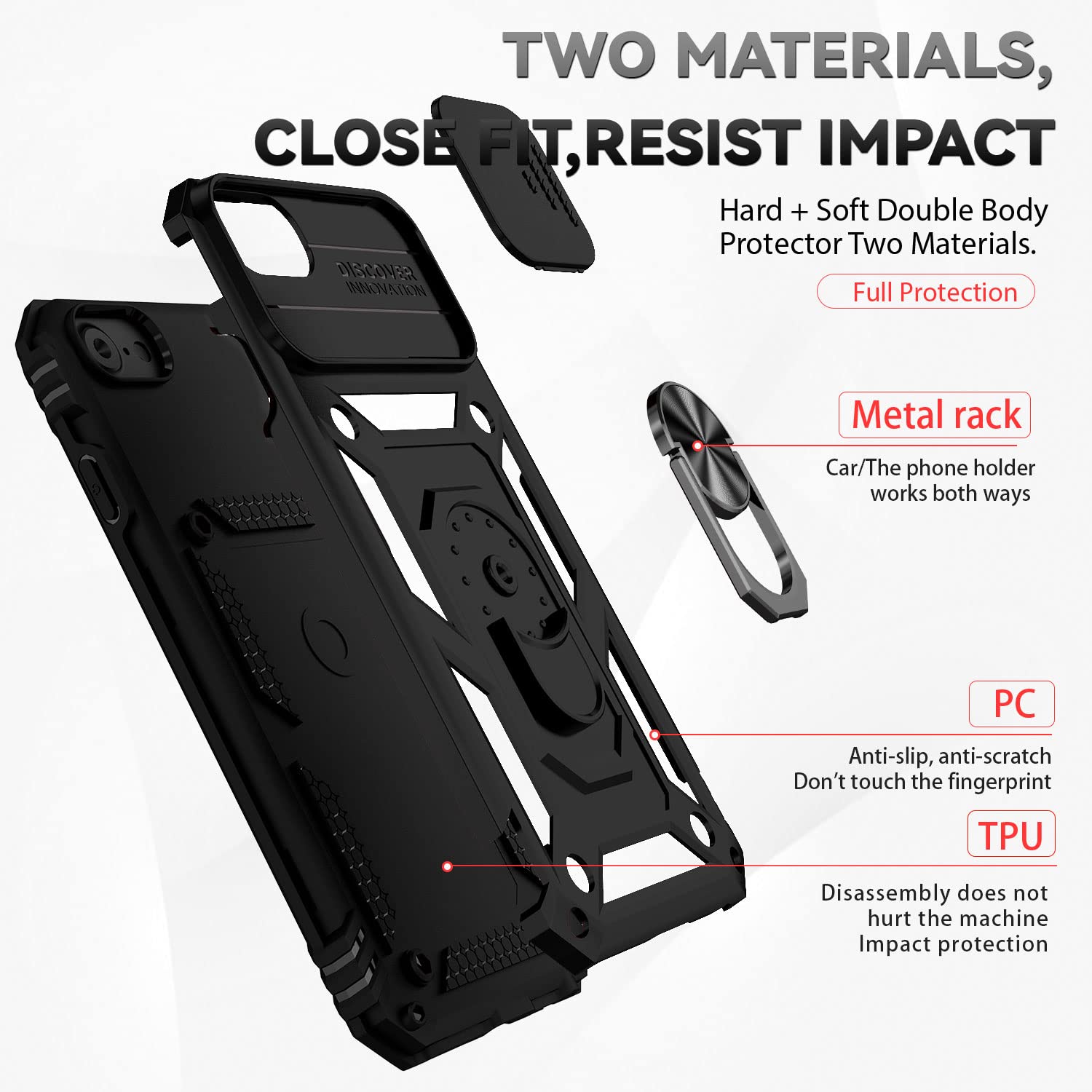 Funda para iPhone SE 2020/iPhone SE 3 2022/iPhone 8/7/iPhone 6/6S Carcasă Armor Militar Cubierta de Cámara Deslizante Proteger 360 Full Protección Anillo Soporte Silicona Estuche Cover Case,Negro — view 8