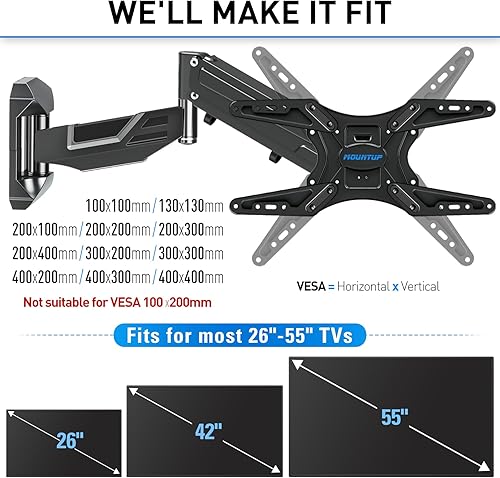 Miniatura 3 de MOUNTUP Soporte de pared de TV de altura ajustable para televisores de 26 a 55 pulgadas, soporte de TV articulado de movimiento completo con resorte
