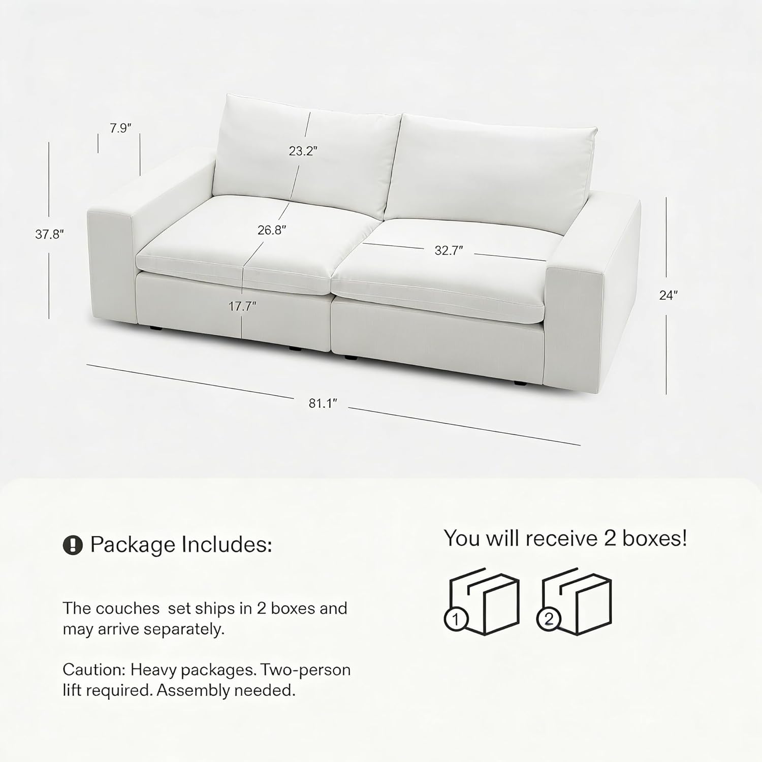 White Cloud Modular Sectional Sofa 78.7" Deep Seat Washable Cover Living Room Loveseat