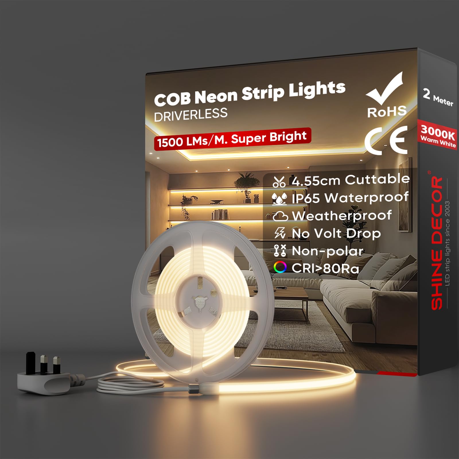 Shine Decor Flexible COB LED Strip Light,AC 220V 230V IP65 Waterproof,Cut Every 4.55 cm,286 LEDs/m Ultra-High Brightness with UK Plug for Kitchen Wardrobe Garden (2 m,Warm White,CE Certified)