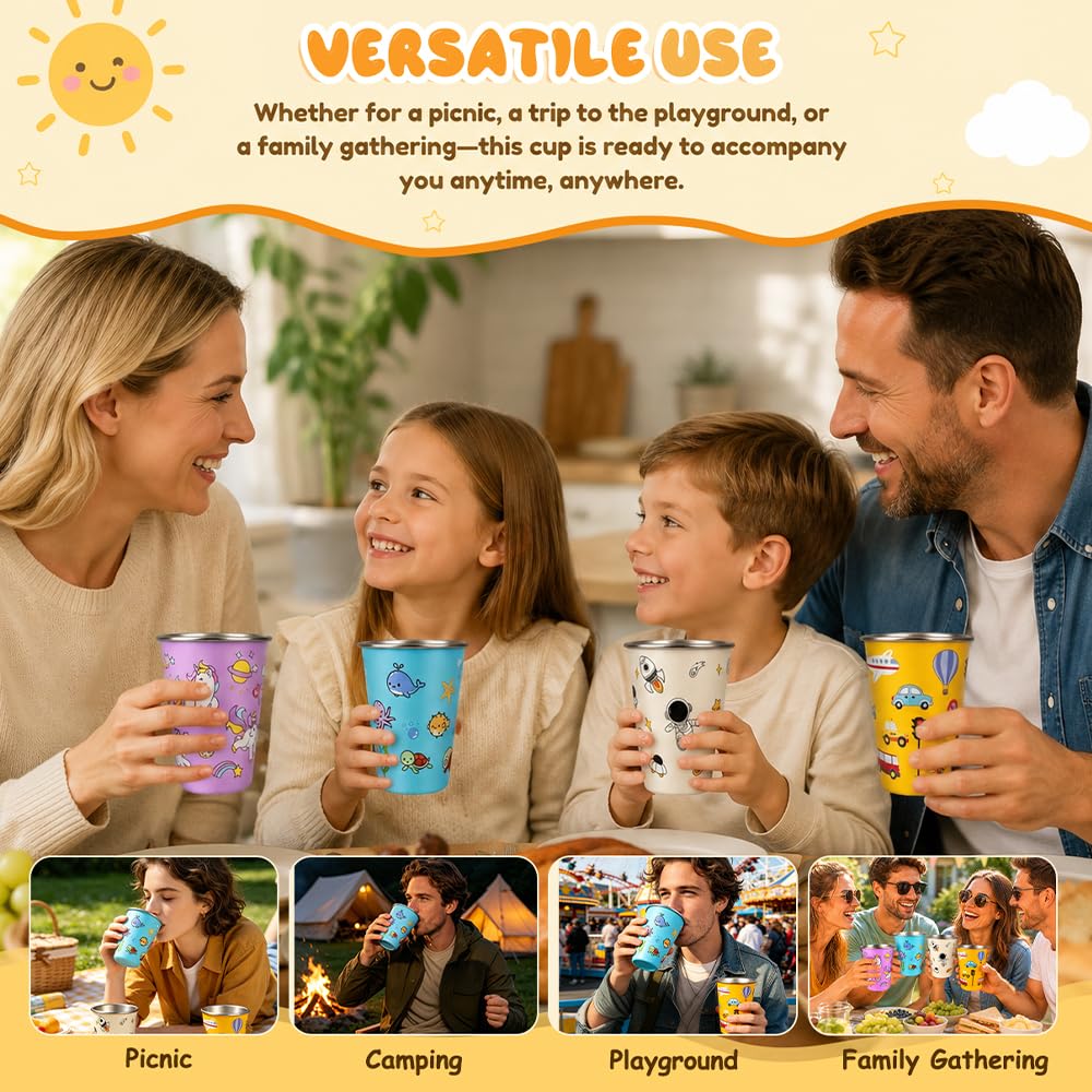 4 bicchieri per bambini in acciaio inox, 350 ml, in acciaio inox, robusti, 1 bicchiere in acciaio inox, per picnic e famiglie (blu, rosa, giallo, bianco)