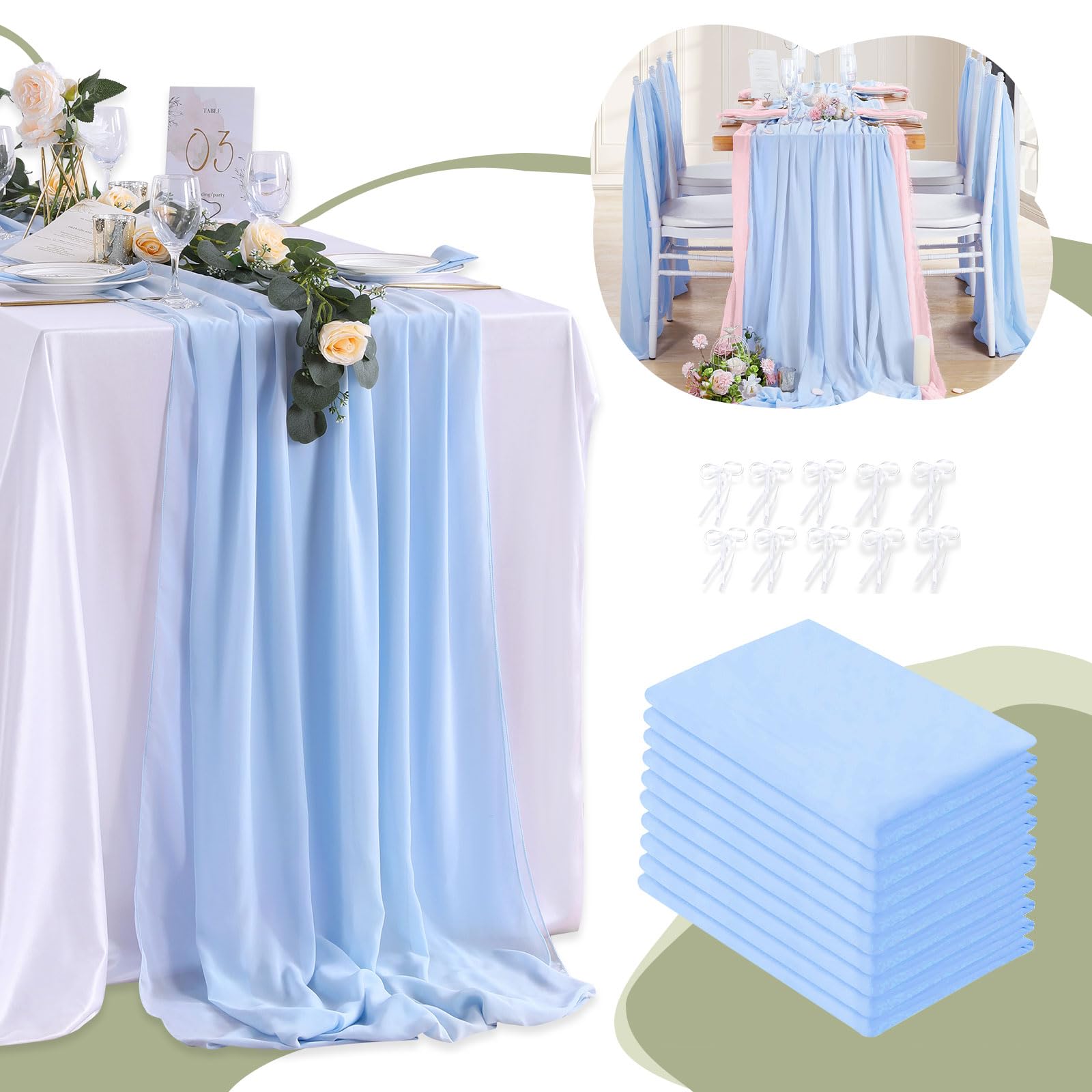 QueenDream 10 Pieces 10F Wedding Table Runner Chiffon 27x120 Inches for Wedding Arch Bridal Shower Reception Events Dessert Table Decoration