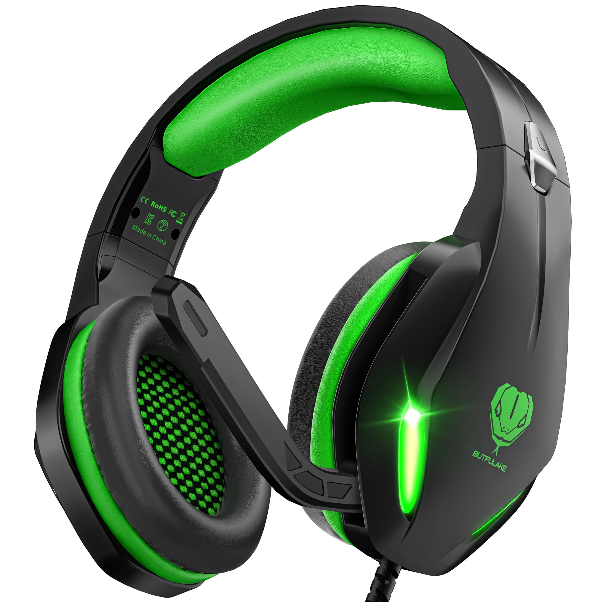 Gaming Headset with Microphone for Xbox PS5 PS4 PC - 3.5mm Jack Wired Headphones with Noise Cancelling Mic & LED - 50mm Audio Drivers & Soft Earpads Black Green