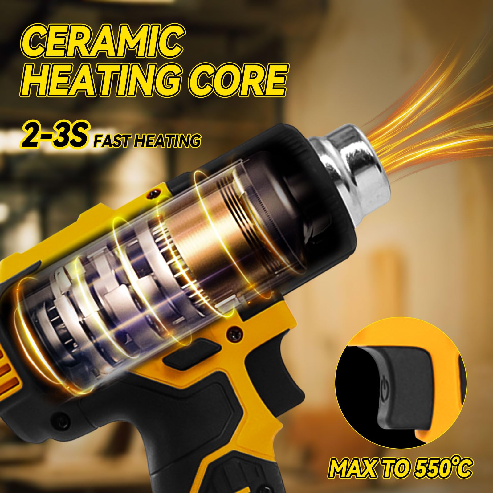 Pistola termica senza fili per batteria DeWalt da 20 V, pistola ad aria calda senza fili con 5 ugelli, 2 impostazioni di temperatura max 550 °C per tubi termoretraibili in vinile per fai da te
