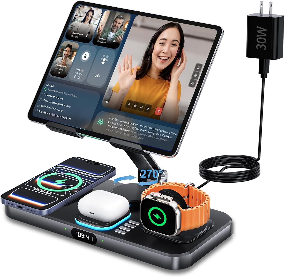 6 in 1 30W Foldable Charging Station for Multiple Devices | Charging Station with Clock &Night Light,Foldable Rotate Stand for iPad, for iPhone17/16/15,Support for iWatch11/10,AirPods4
