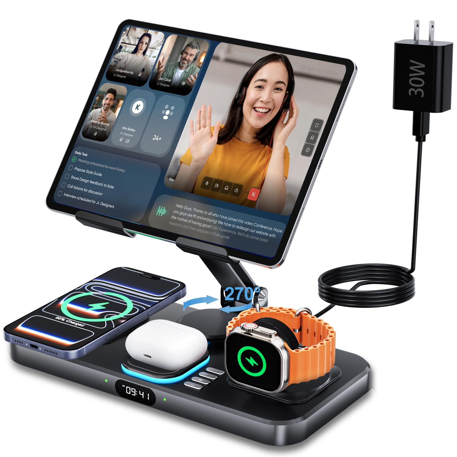 30W Foldable Charging Station for Multiple Devices, iPad Charging Station with Clock Display & Night Light for iPhone 17 Pro Max/16/15/iWatch 11/