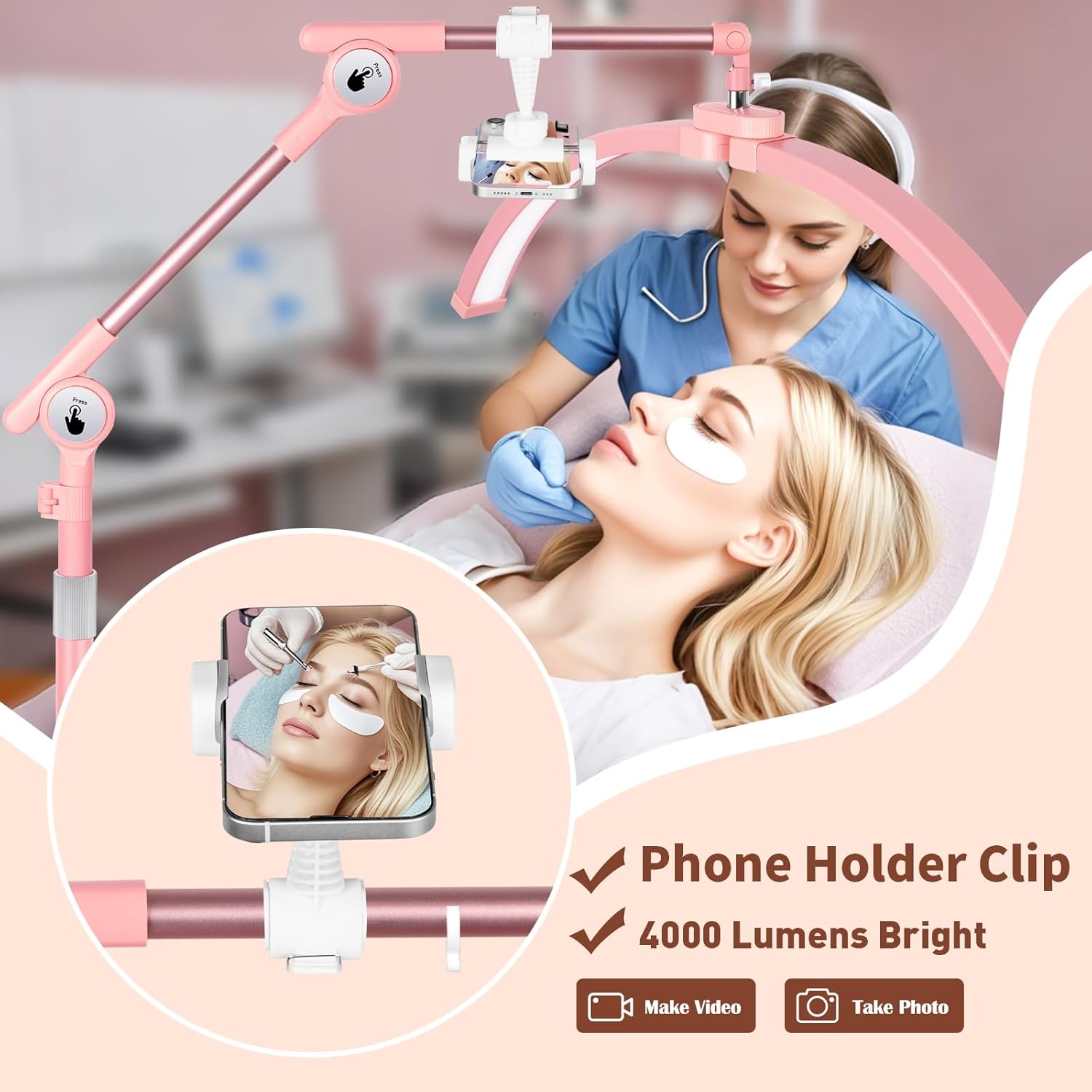 HITTI Half Moon Light for Eyelash Extensions Tattoo Artists, 2026 UpgradeLED Lash Tech Light with 4 Wheel Rolling Base, Large Floor Lamp 3 Color Modes, Adjustable Brightness & Phone Holder-Pink