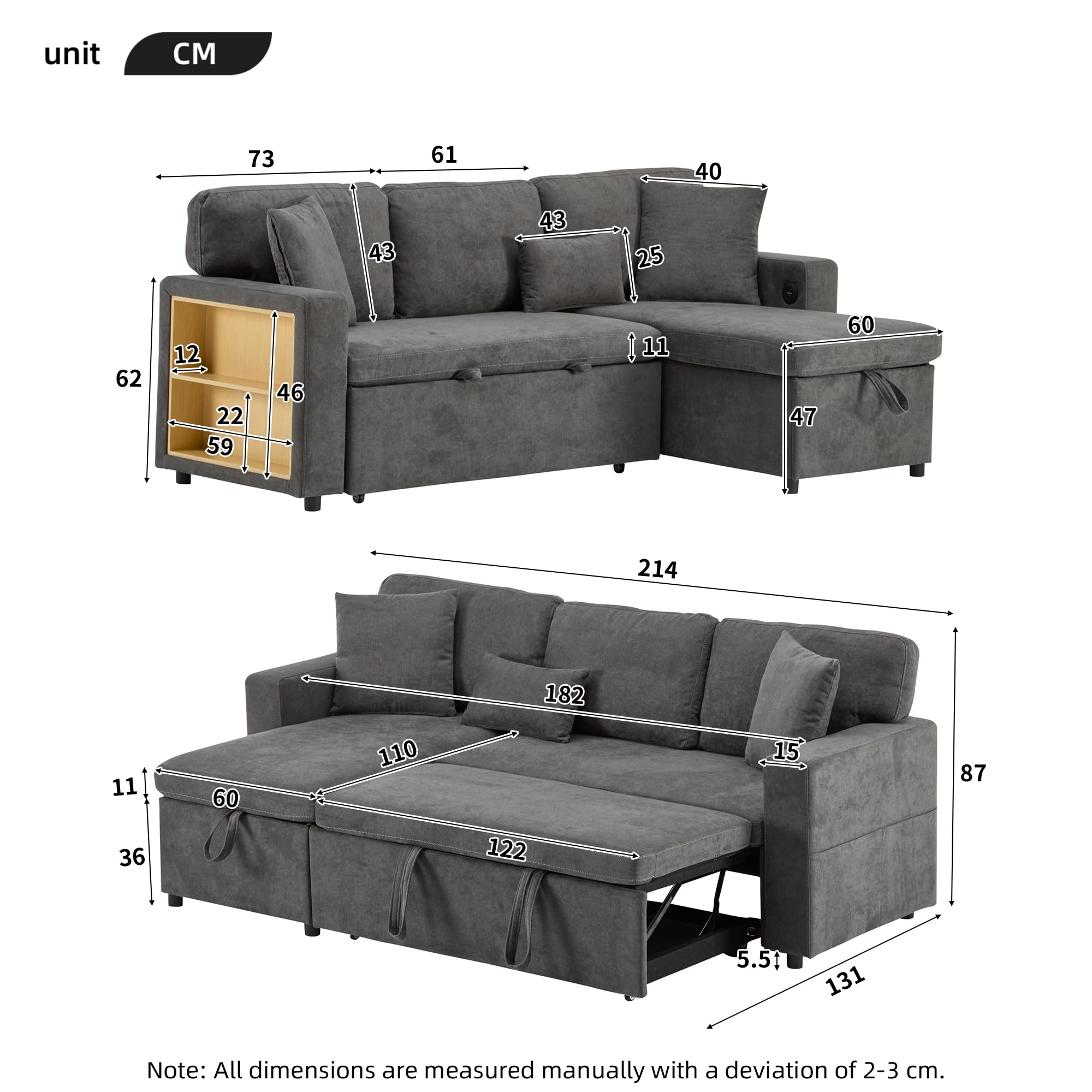 Canape Dangle Convertible, Canapé Modulable avec Rangement, Canapé Lit 3 Places Convertible – Canapé d'angle Convertible avec Canapé-Lit Gigogne, Port USB, Coussins,Gris