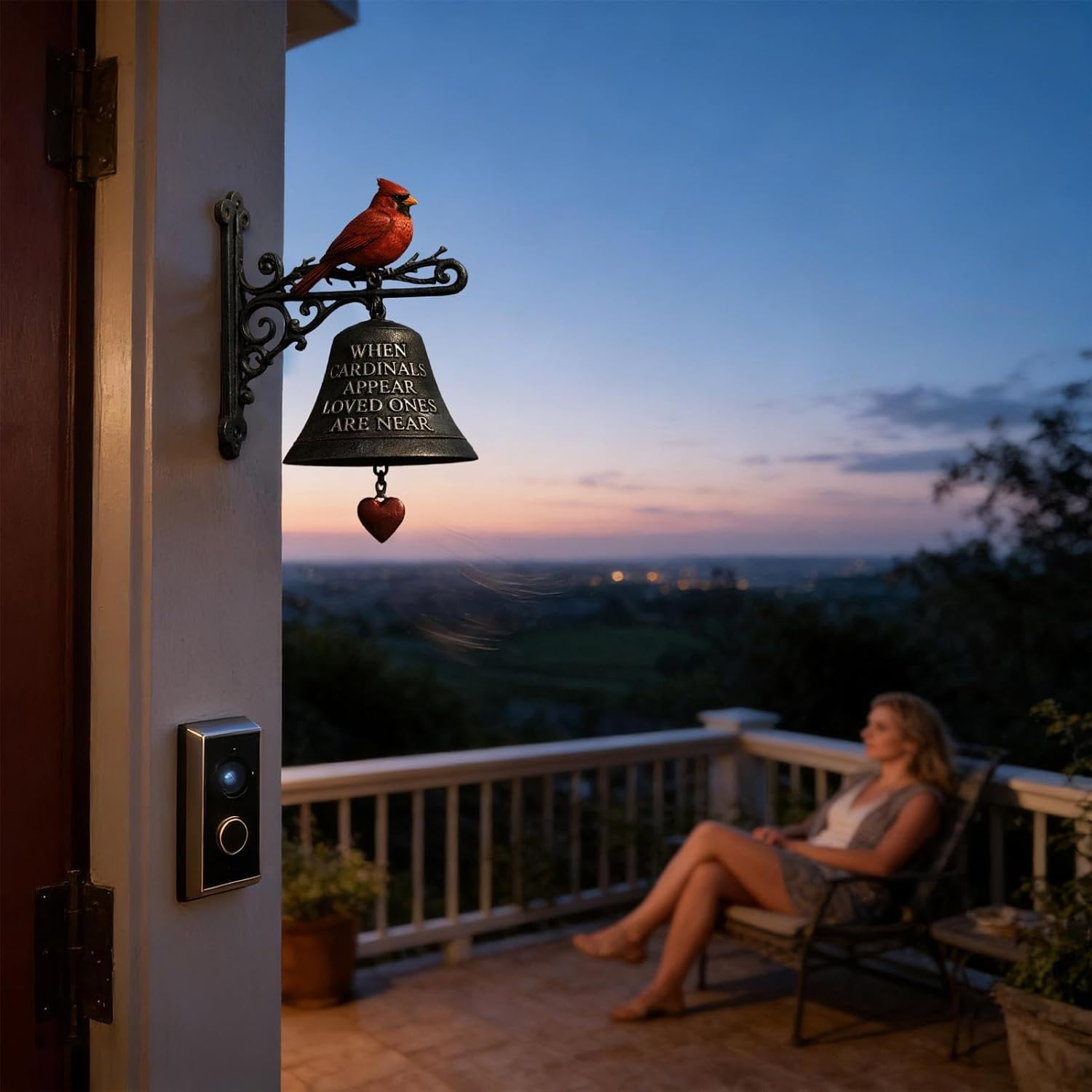 Dinner Bell Outdoor - Red Bird Garden Decoration, Farmhouse Yard Bell Feature, Ranch Homeowners Collector Detail, Backyard Courtyard Porch Accessory, Cottage Wall Fence Home Opening Usage