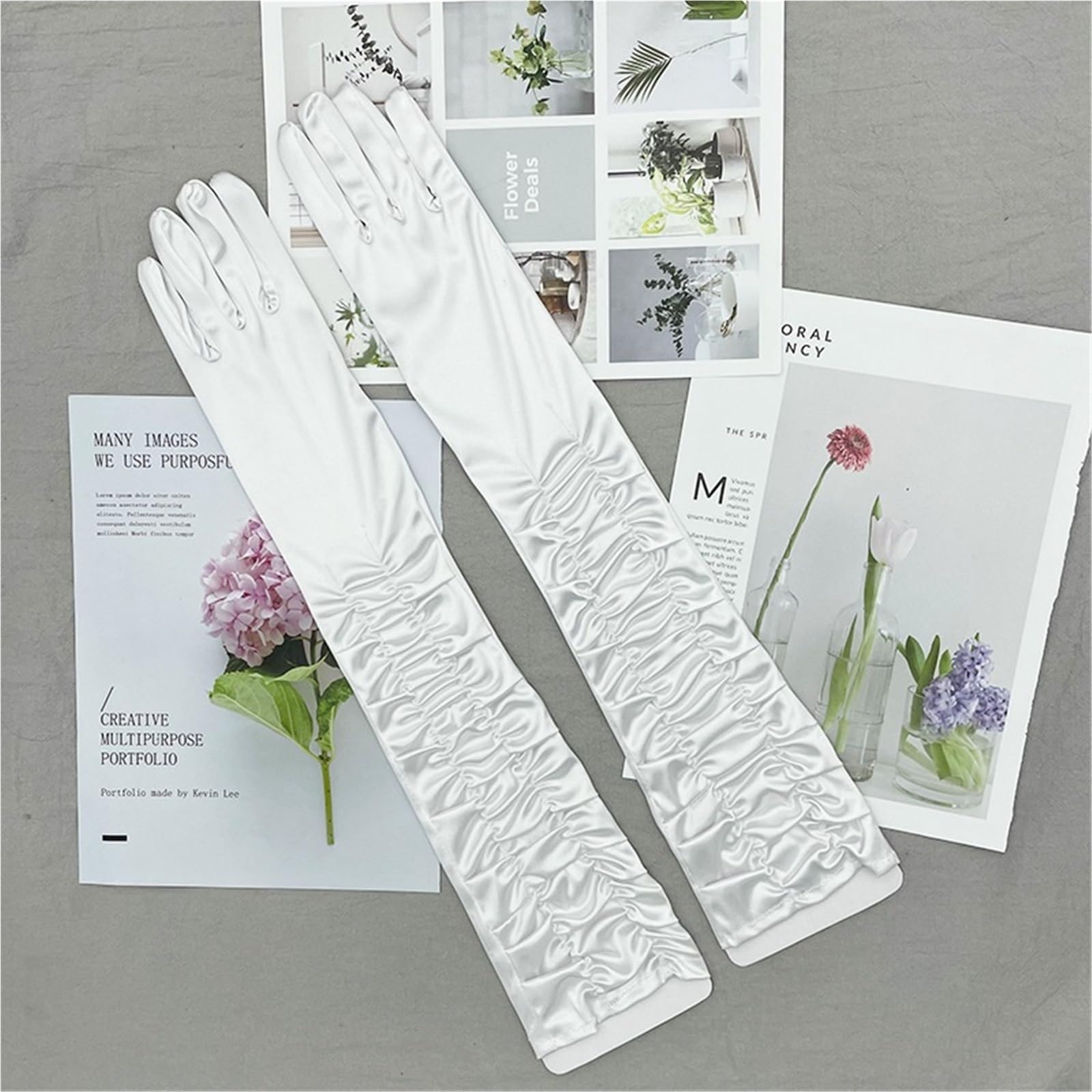 Guanti Lunghi in Raso Abito da Sposa da Donna Elegante in Raso Lungo E Sottile con Protezione Solare, Guanto retrò Pieghettato, Guanto da Sole da Guida Elastico Setoso(Black,2 Pairs)