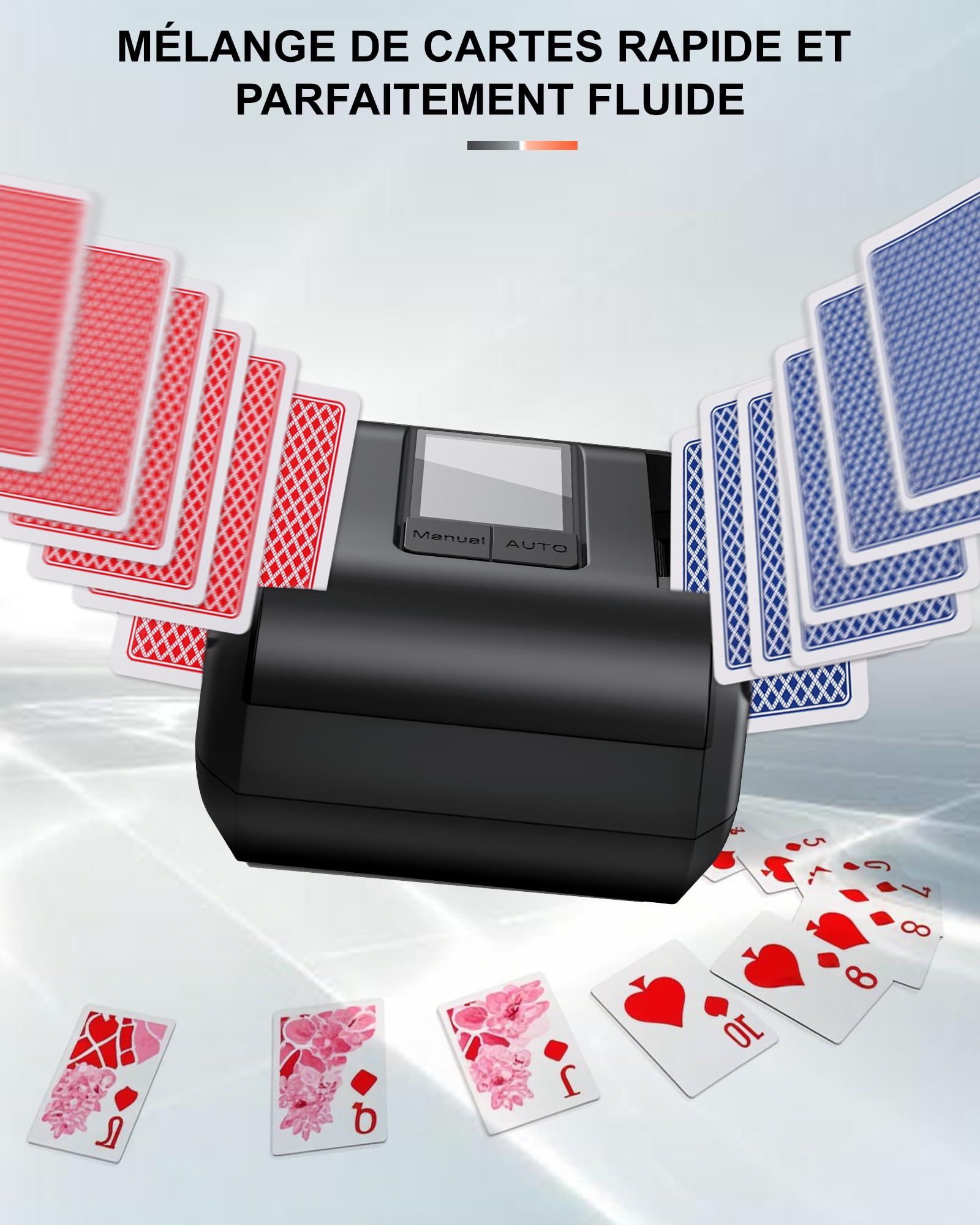 Mélangeur de Cartes Automatique Électrique pour 1-2 Jeux - Mode Auto/Manuel - Batterie 2000mAh Rechargeable USB-C - Silencieux - Compatible Poker, Belote, UNO, Blackjack, Texas Hold'em