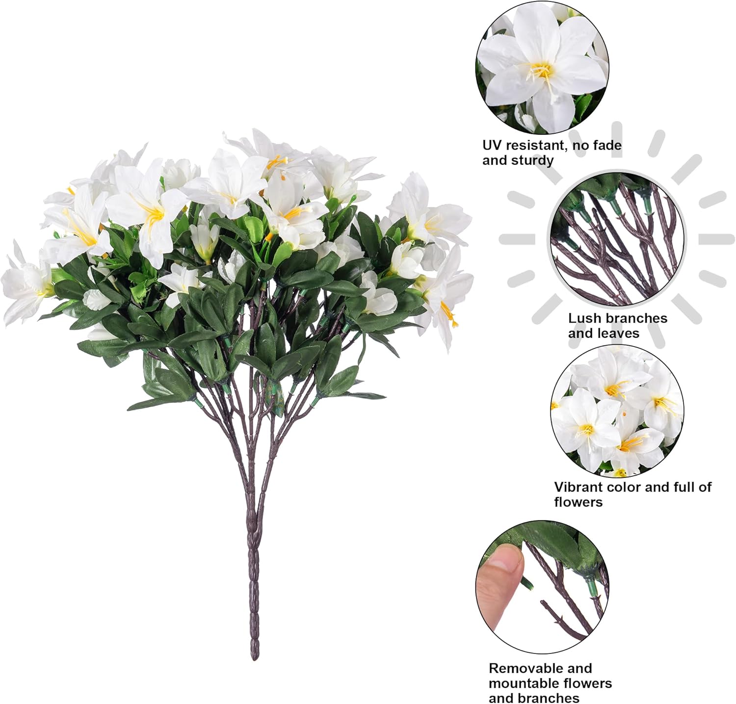 INSPRING Artificial Fake Spring Flowers for Outdoors Decoration, 3 Bundles Faux Azalea Plants Flower Look Real UV Resistant Silk Flowers for Outside Planters Patio Porch Garden Yard Window Home, White - Image 7