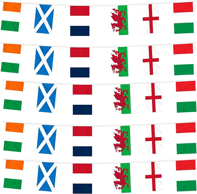 Six Nations Rugby Bunting - 18 Premium Printed Pennants - 6 metre (20 ft) Long - Flags of England, Scotland, Wales, Ireland, France, and Italy - Great for Pub, Club, and Garden Decorations