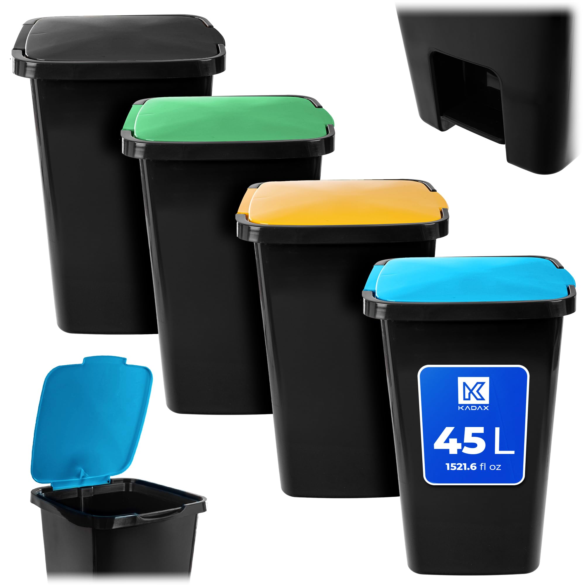 KADAX Cubo de basura con pedal de 45 litros, juego de 4 unidades, con pedal y tapa, cubo de basura grande para separación de basura, cubo de basura de plástico con pedal