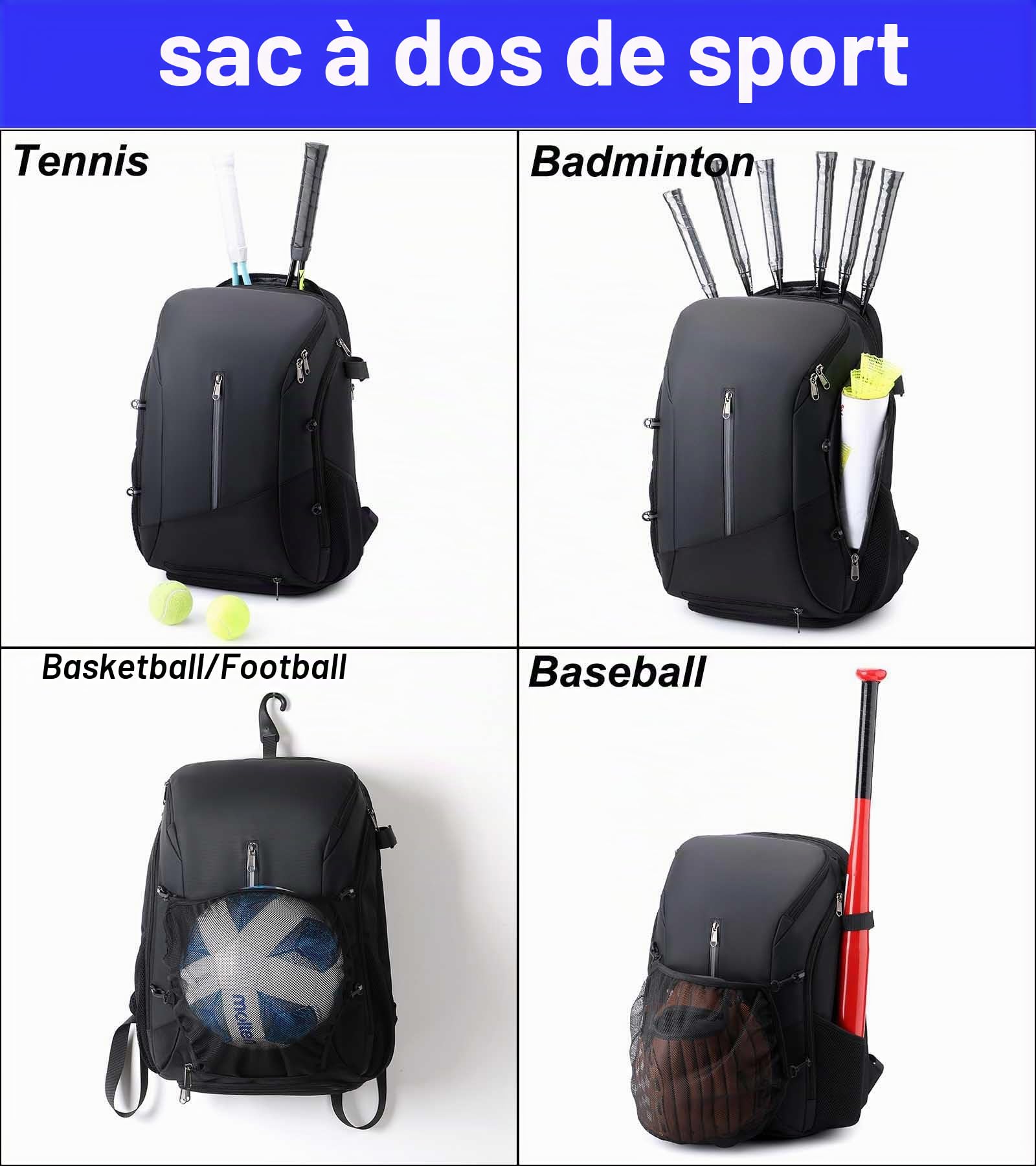 Sac à dos de tennis pour 2 raquettes - Sac à dos de sport avec compartiment à chaussures - Étanche - Pour football, basketball, baseball, badminton - Pour homme et femme